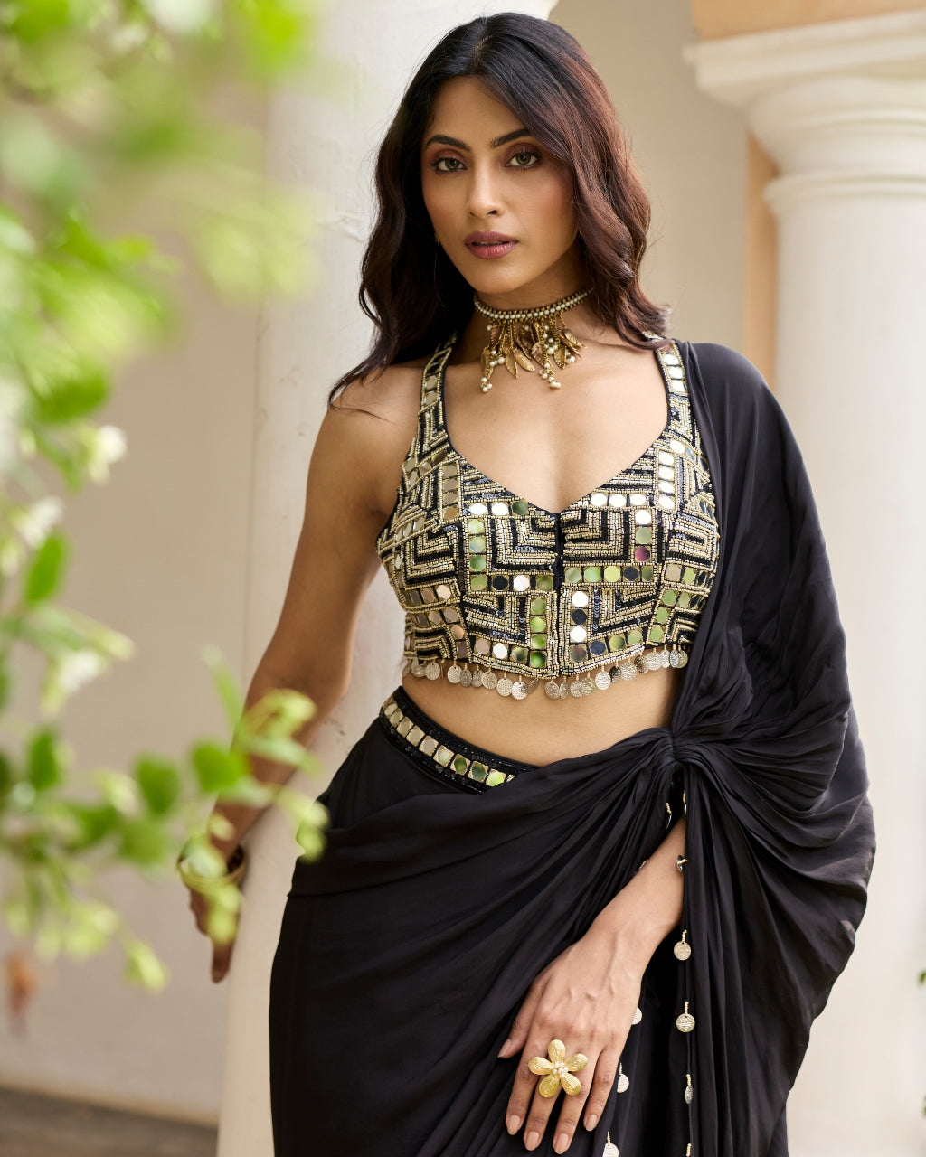 Black Solid Sari Set