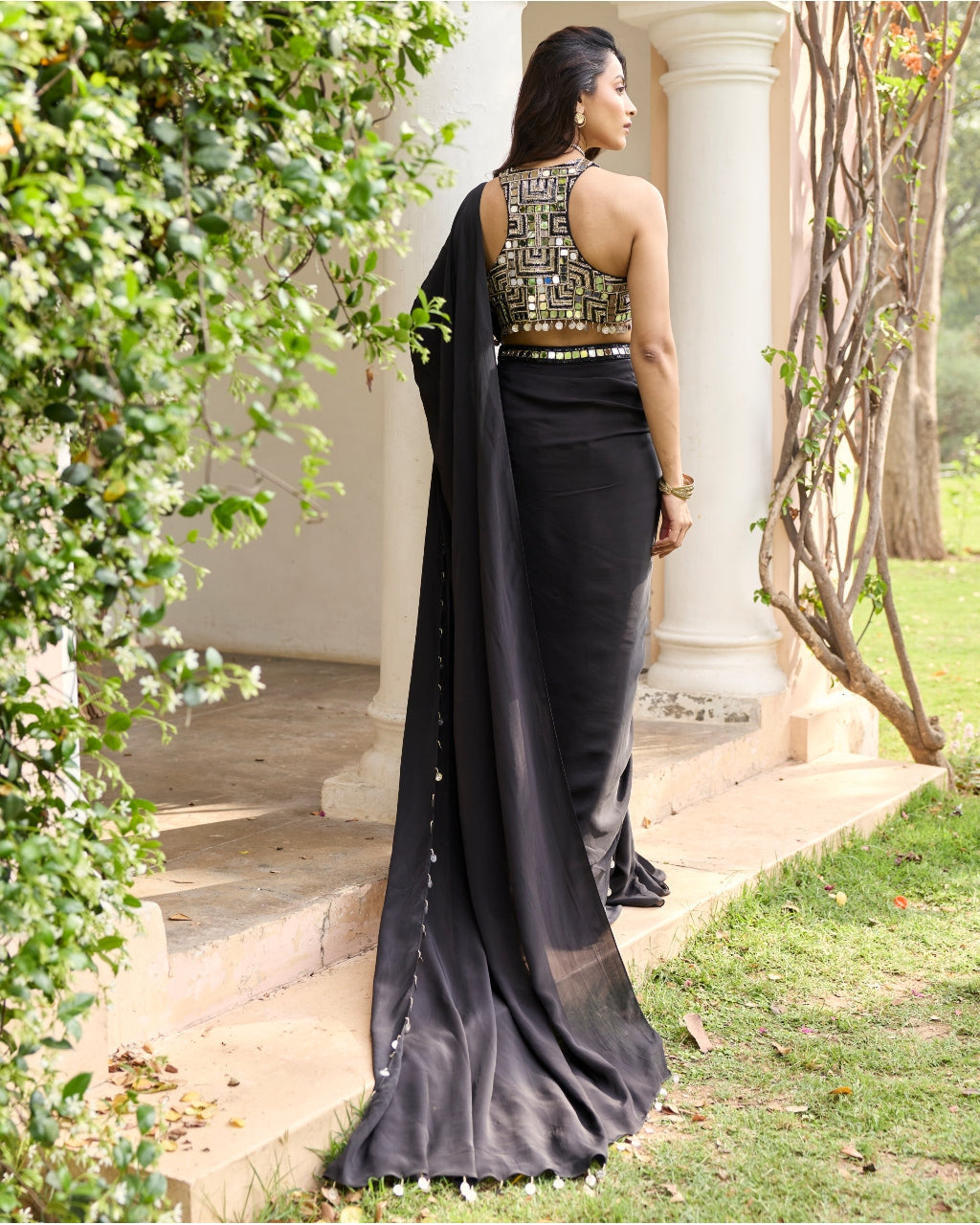 Black Solid Sari Set