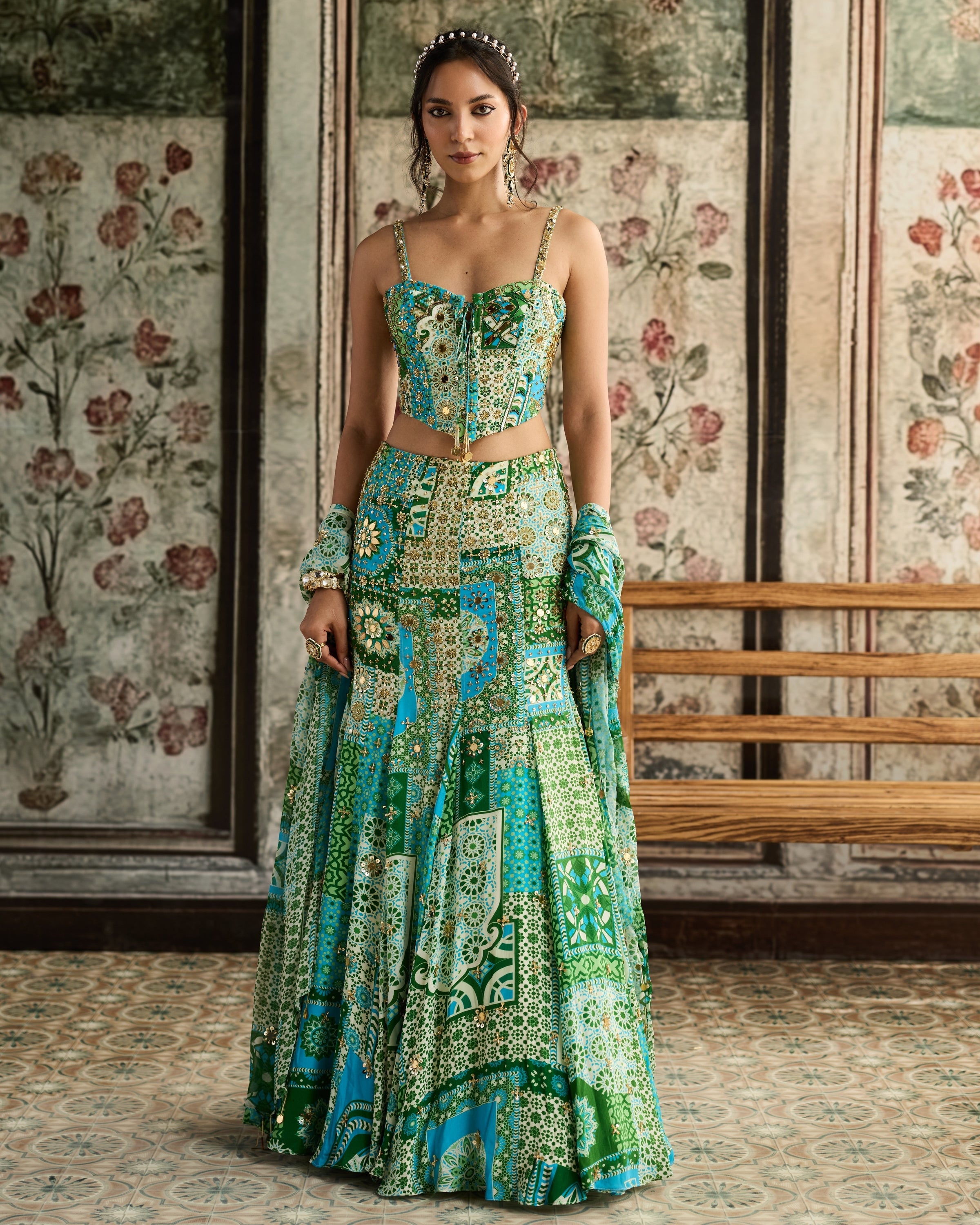 Aqua Print Mermaid Skirt With Corset Set