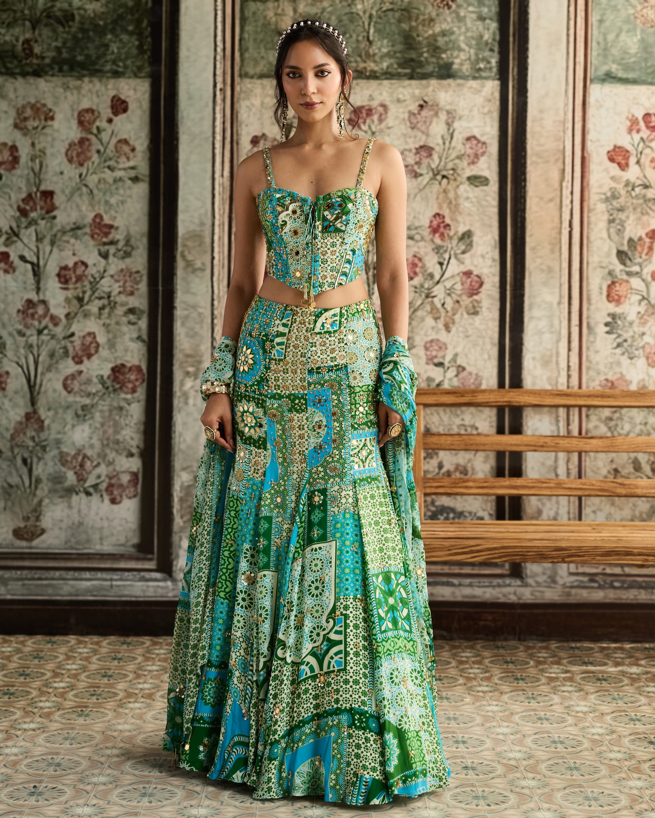 Aqua Print Mermaid Skirt With Corset Set