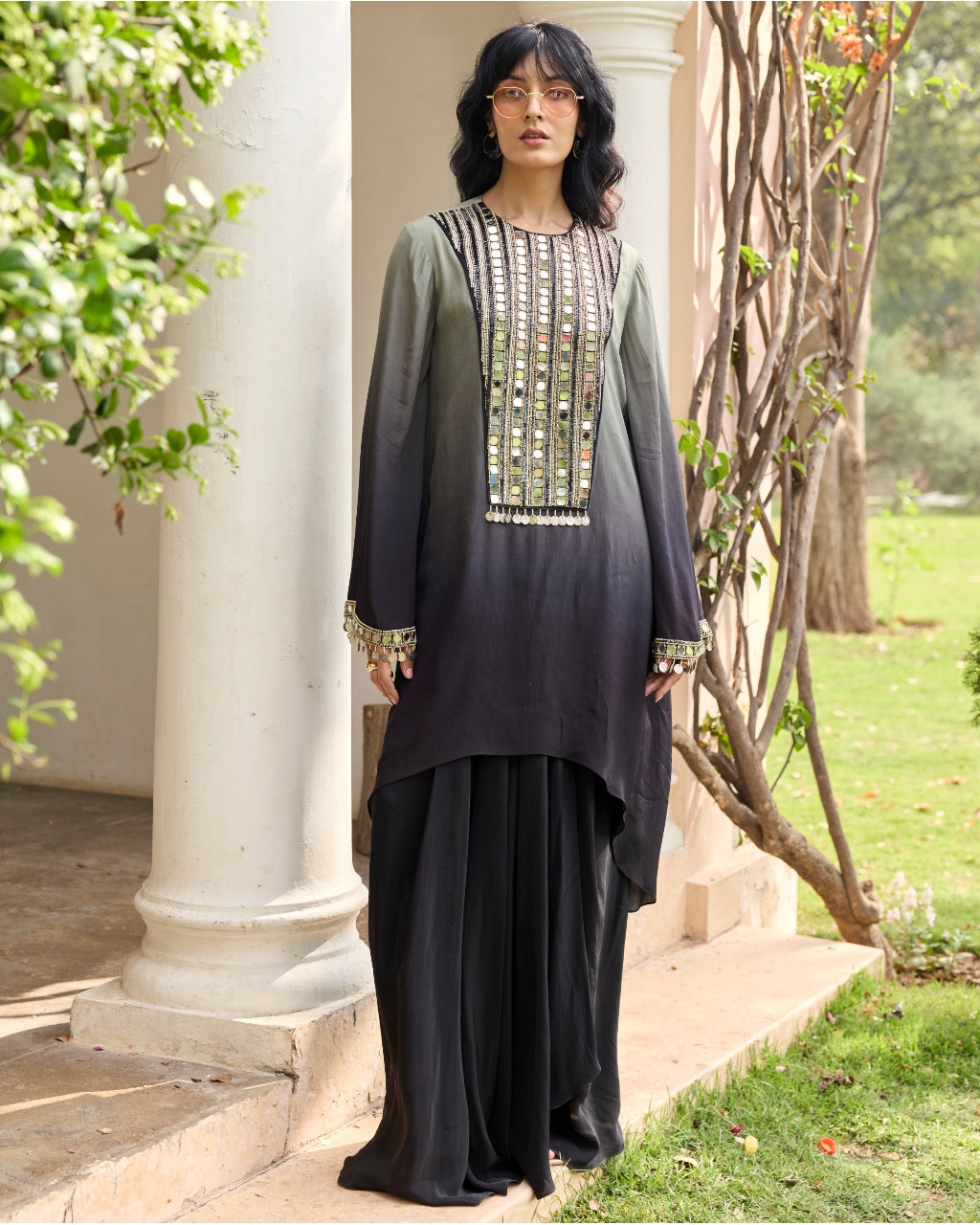 Black - Grey Ombre Embroidered Kurti Set