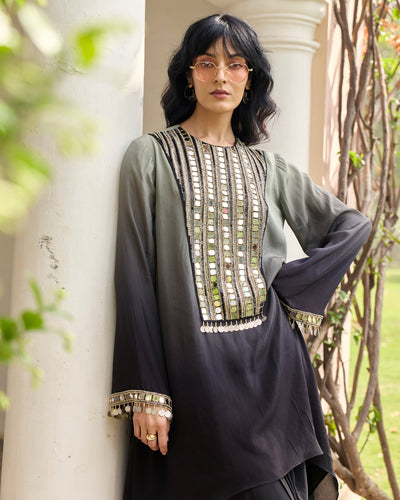 Black - Grey Ombre Embroidered Kurti Set