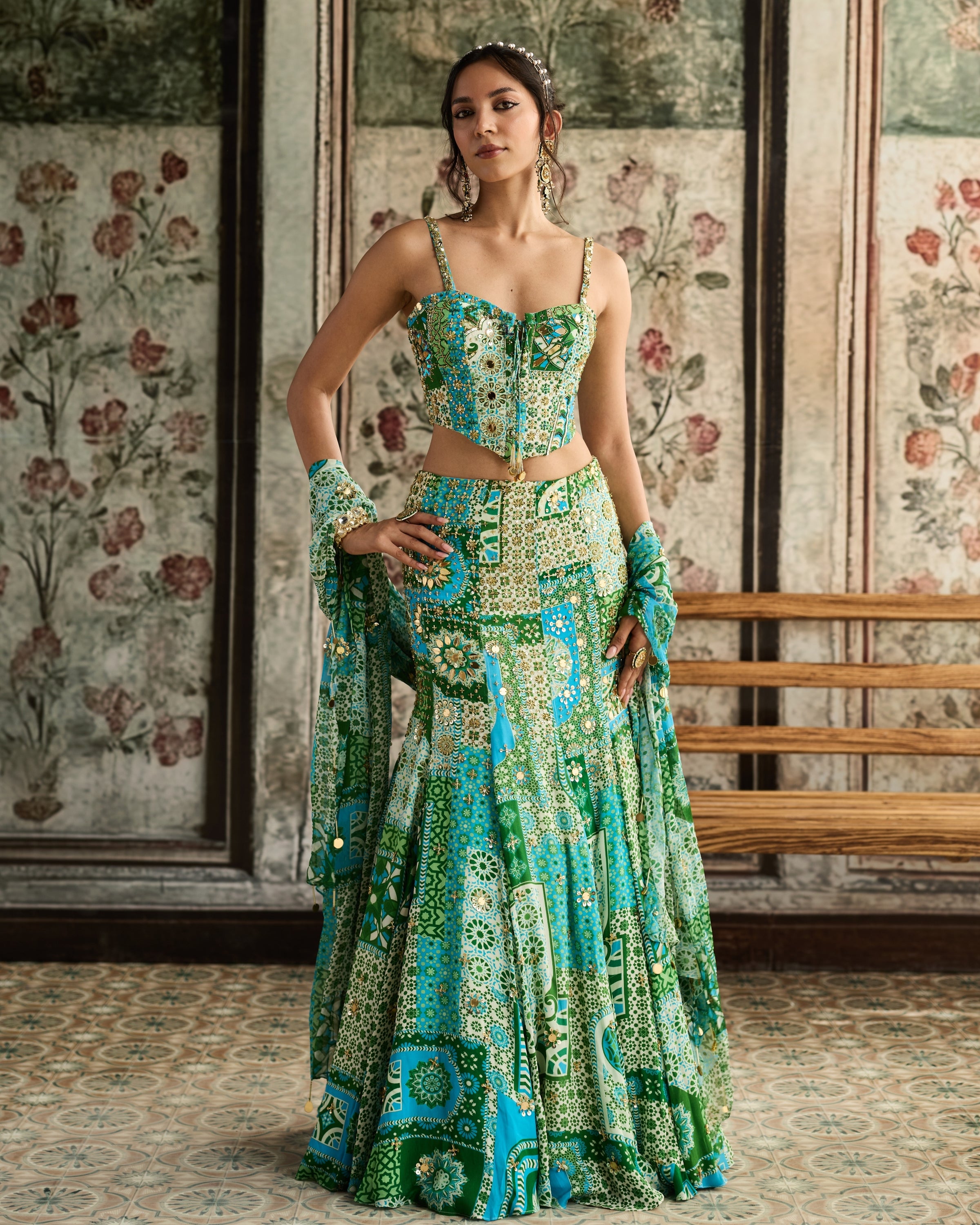 Aqua Print Mermaid Skirt With Corset Set