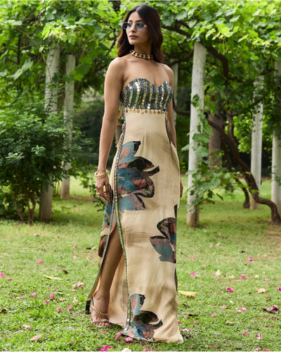 Beige Floral Slit Dress
