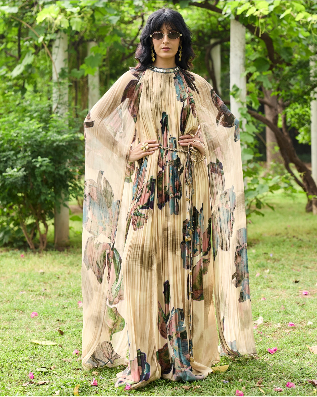 Beige Floral Rouched Maxi Dress
