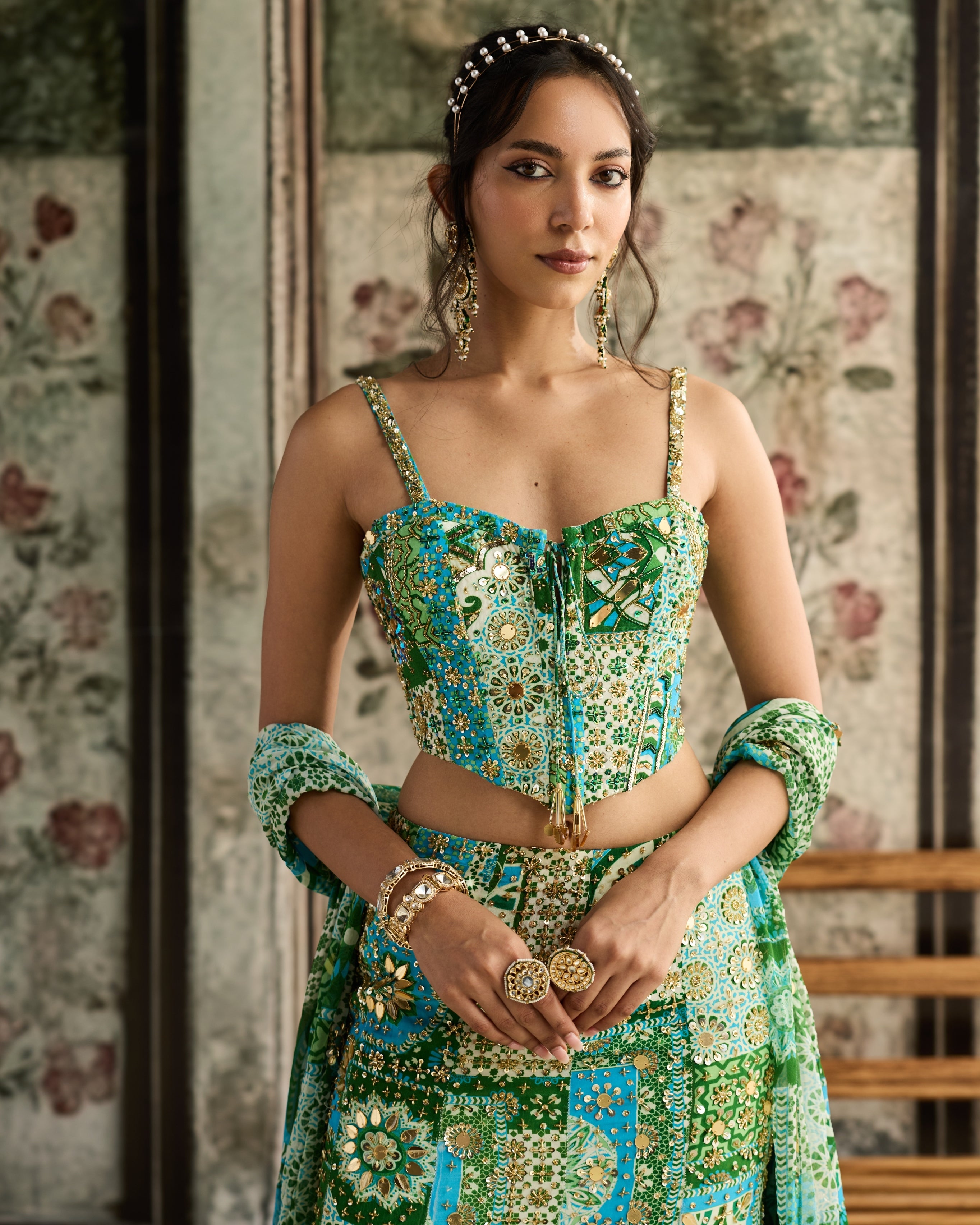 Aqua Print Mermaid Skirt With Corset Set