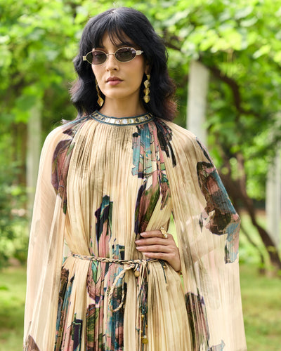Beige Floral Rouched Maxi Dress