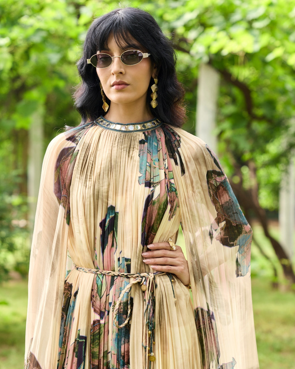 Beige Floral Rouched Maxi Dress
