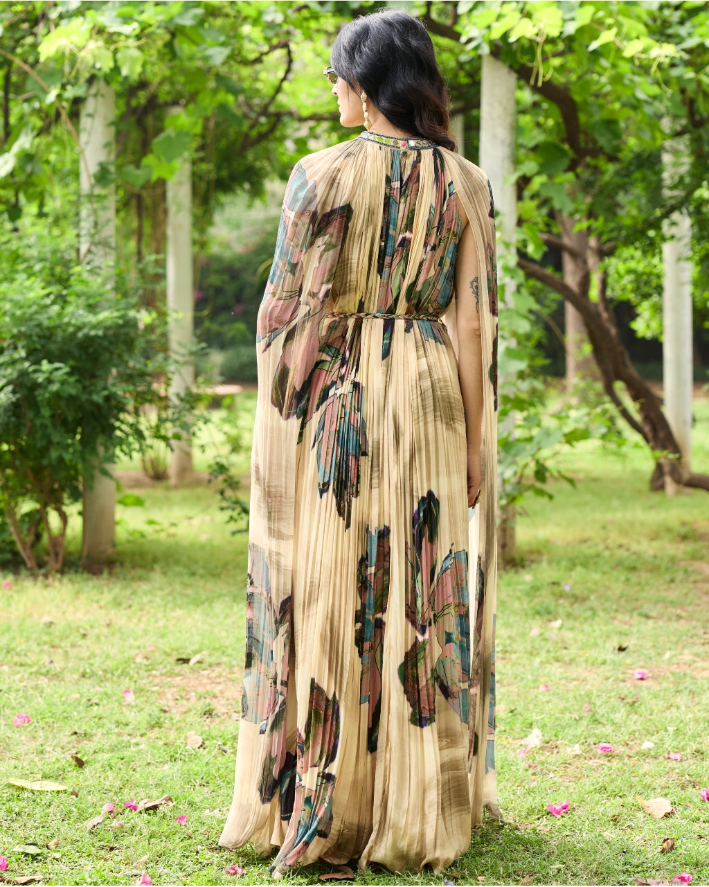 Beige Floral Rouched Maxi Dress
