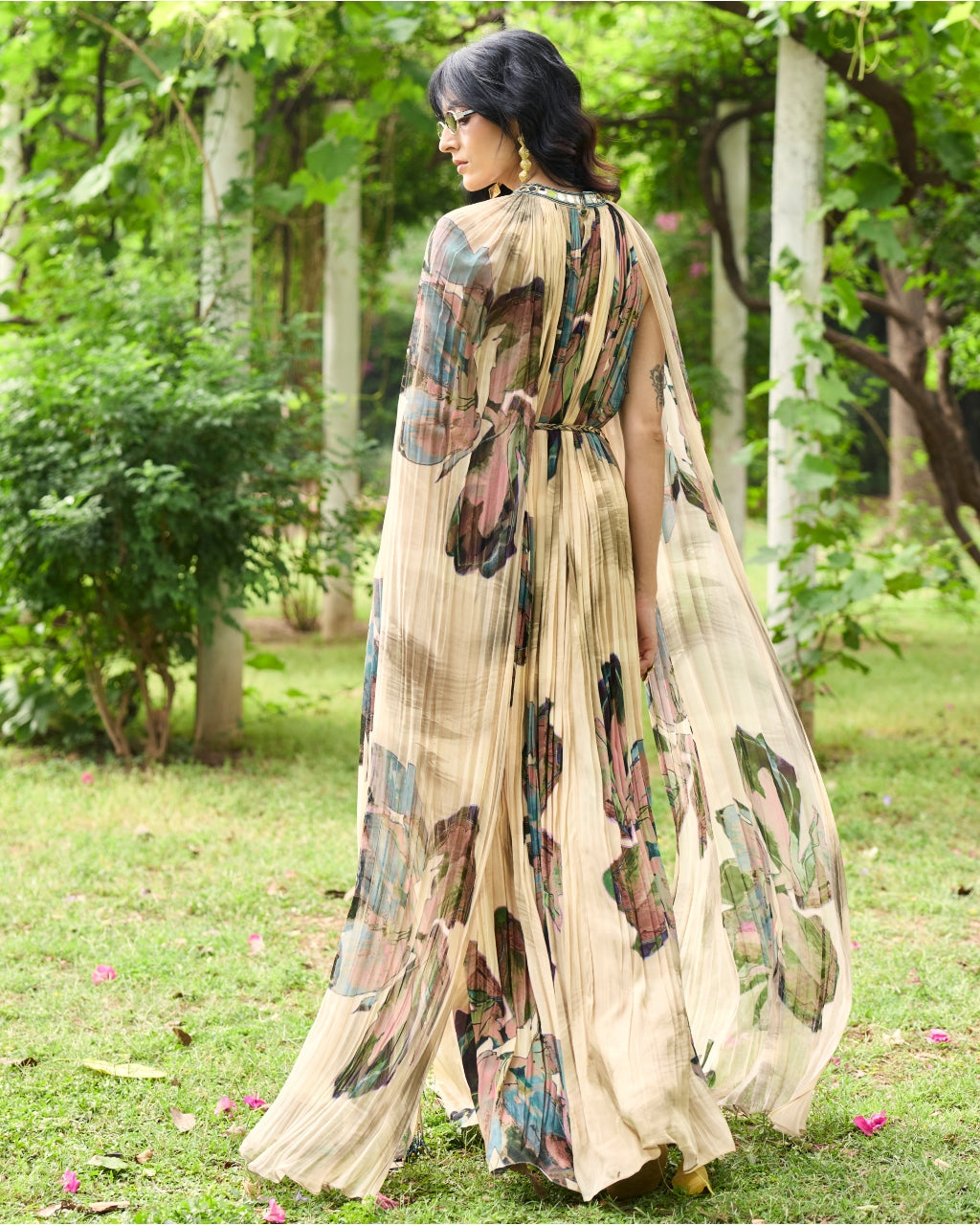 Beige Floral Rouched Maxi Dress