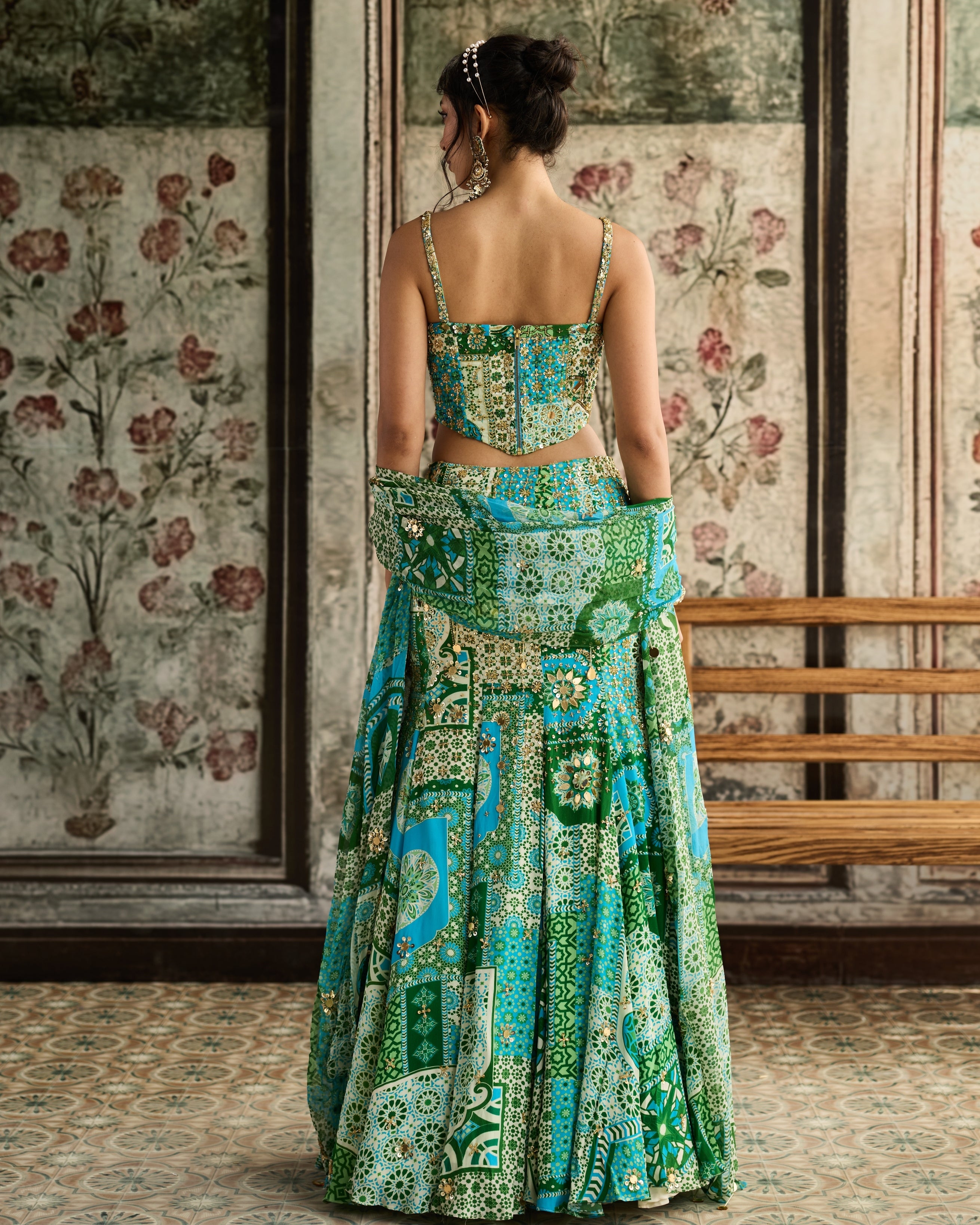 Aqua Print Mermaid Skirt With Corset Set