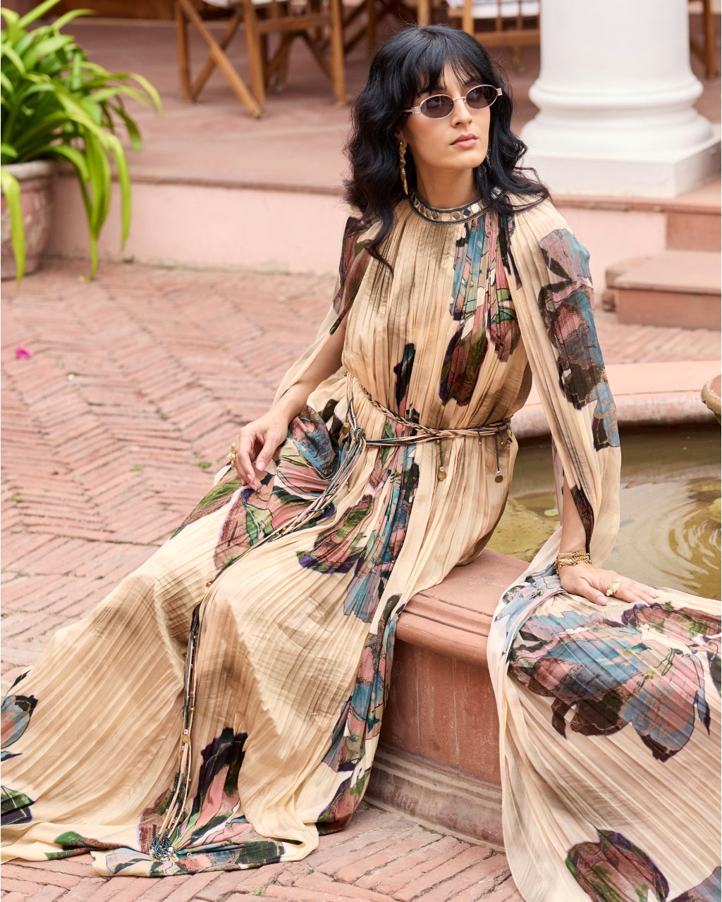 Beige Floral Rouched Maxi Dress