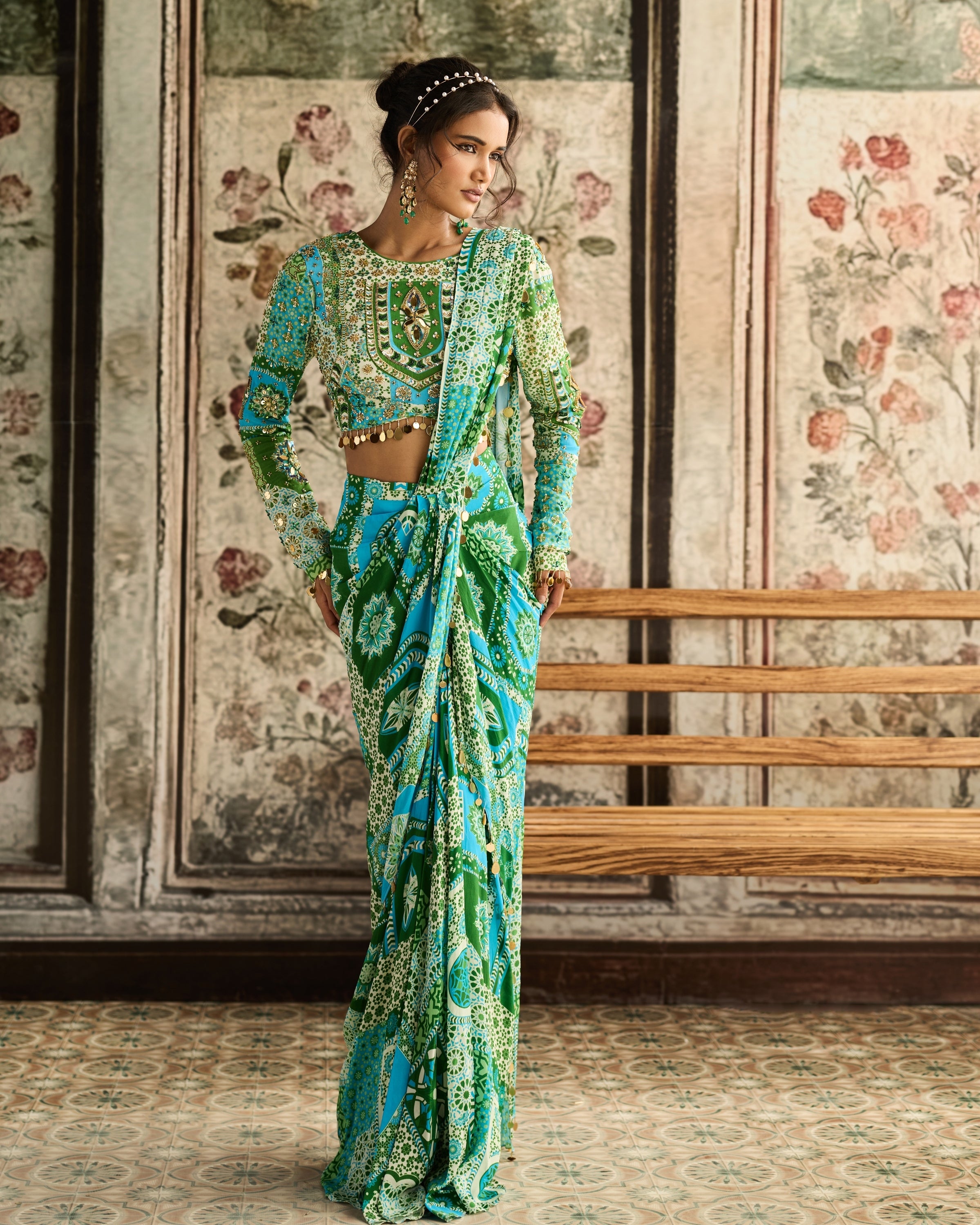 Aqua Print And Highlighted Dhoti Sari Set