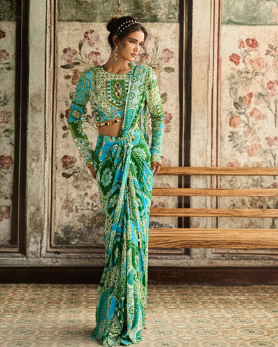 Aqua Print And Highlighted Dhoti Sari Set