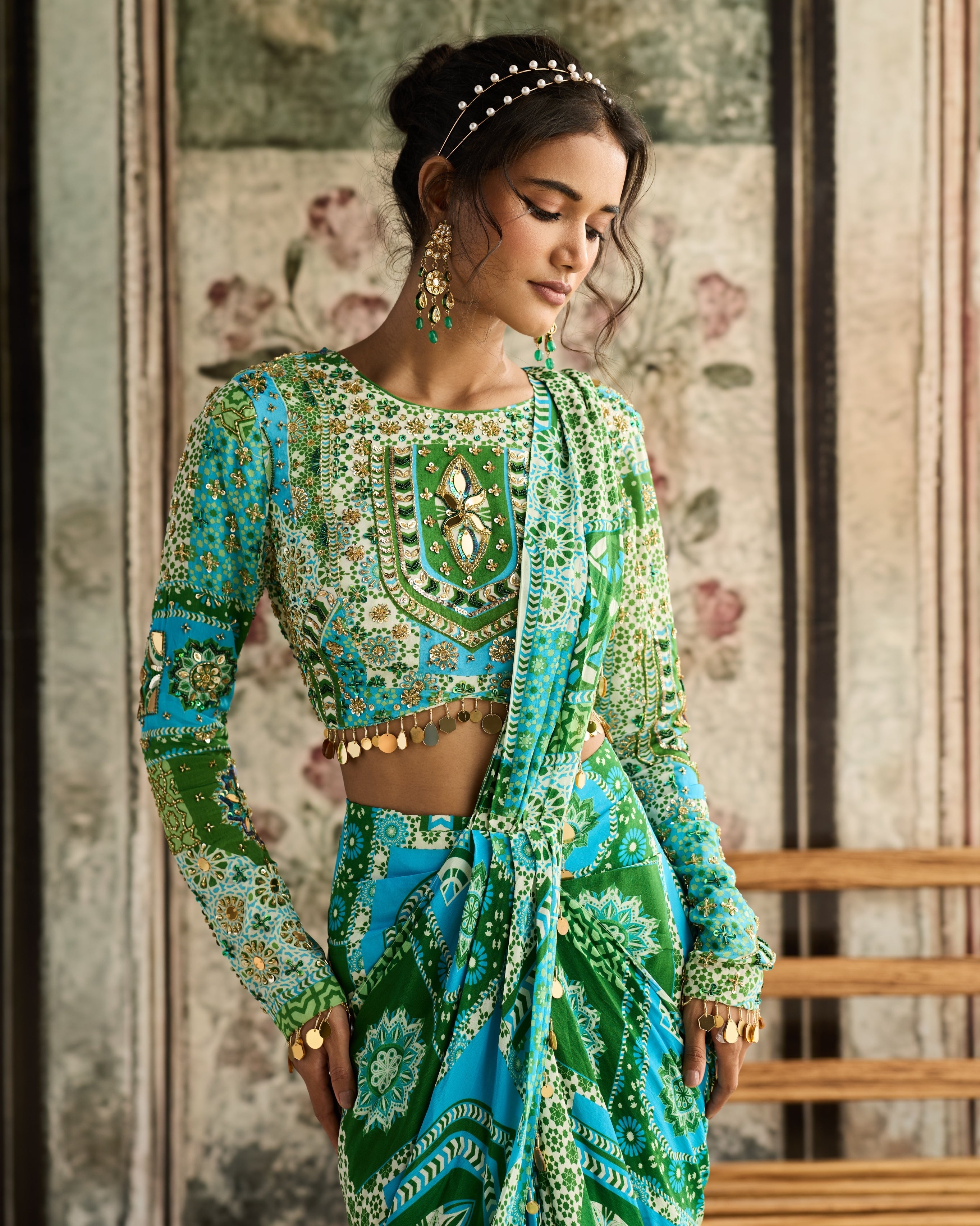 Aqua Print And Highlighted Dhoti Sari Set