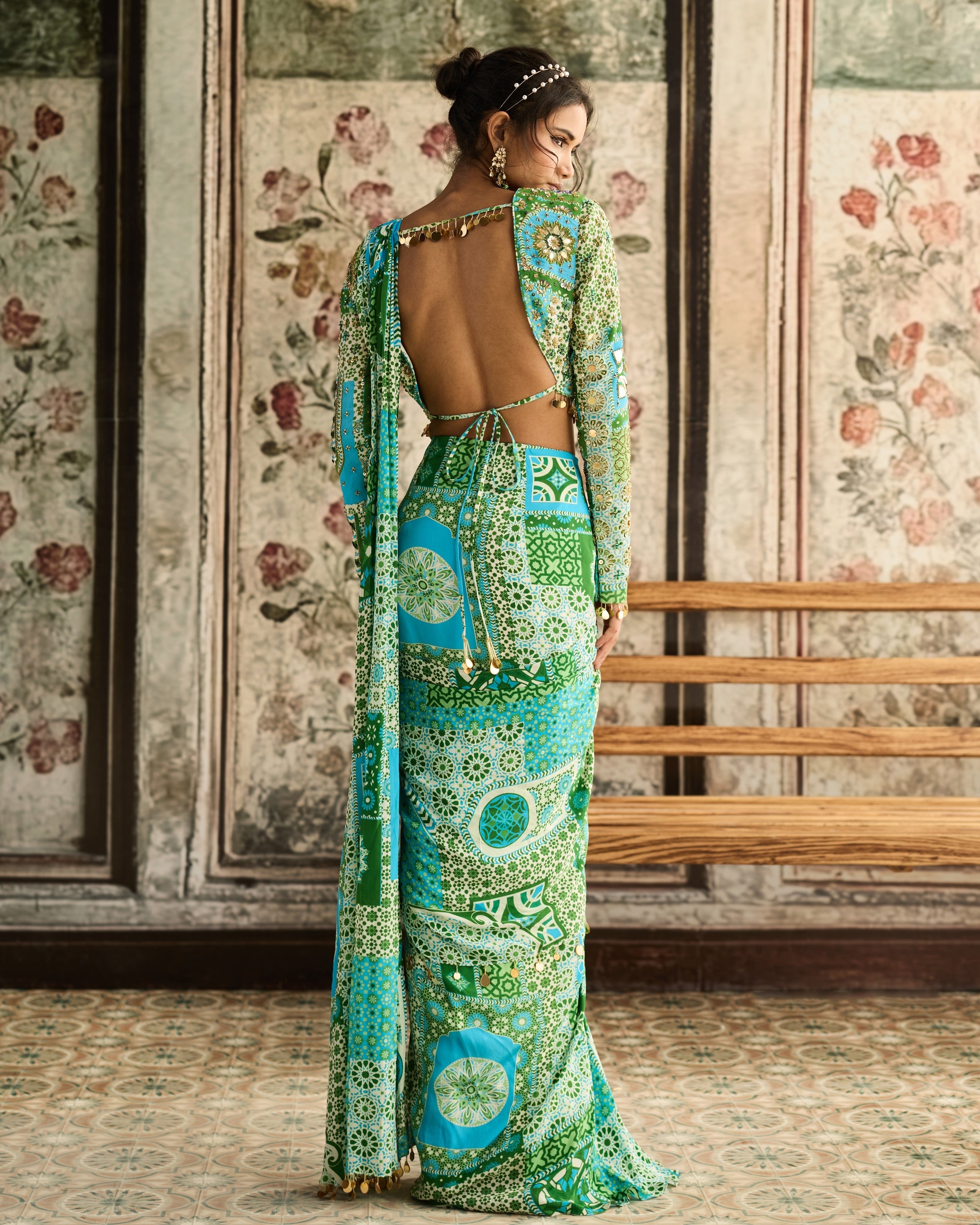 Aqua Print And Highlighted Dhoti Sari Set