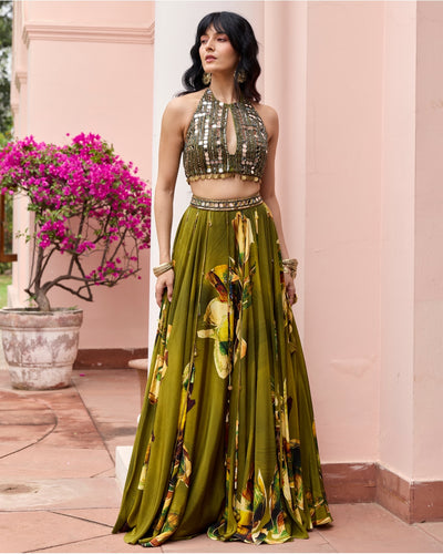 Matcha Green Floral Tasseled Lehenga Set