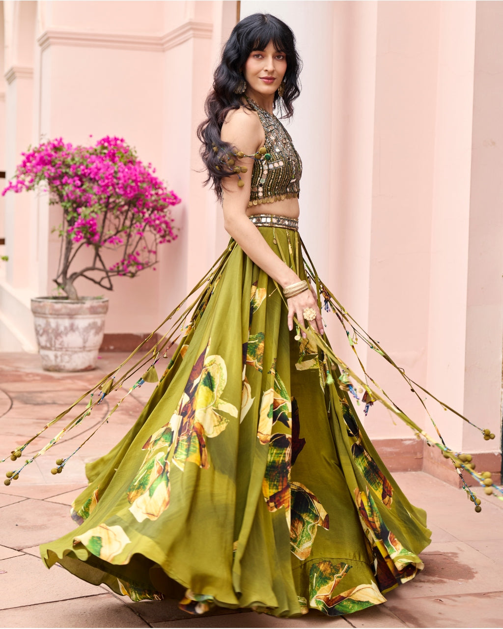 Matcha Green Floral Tasseled Lehenga Set