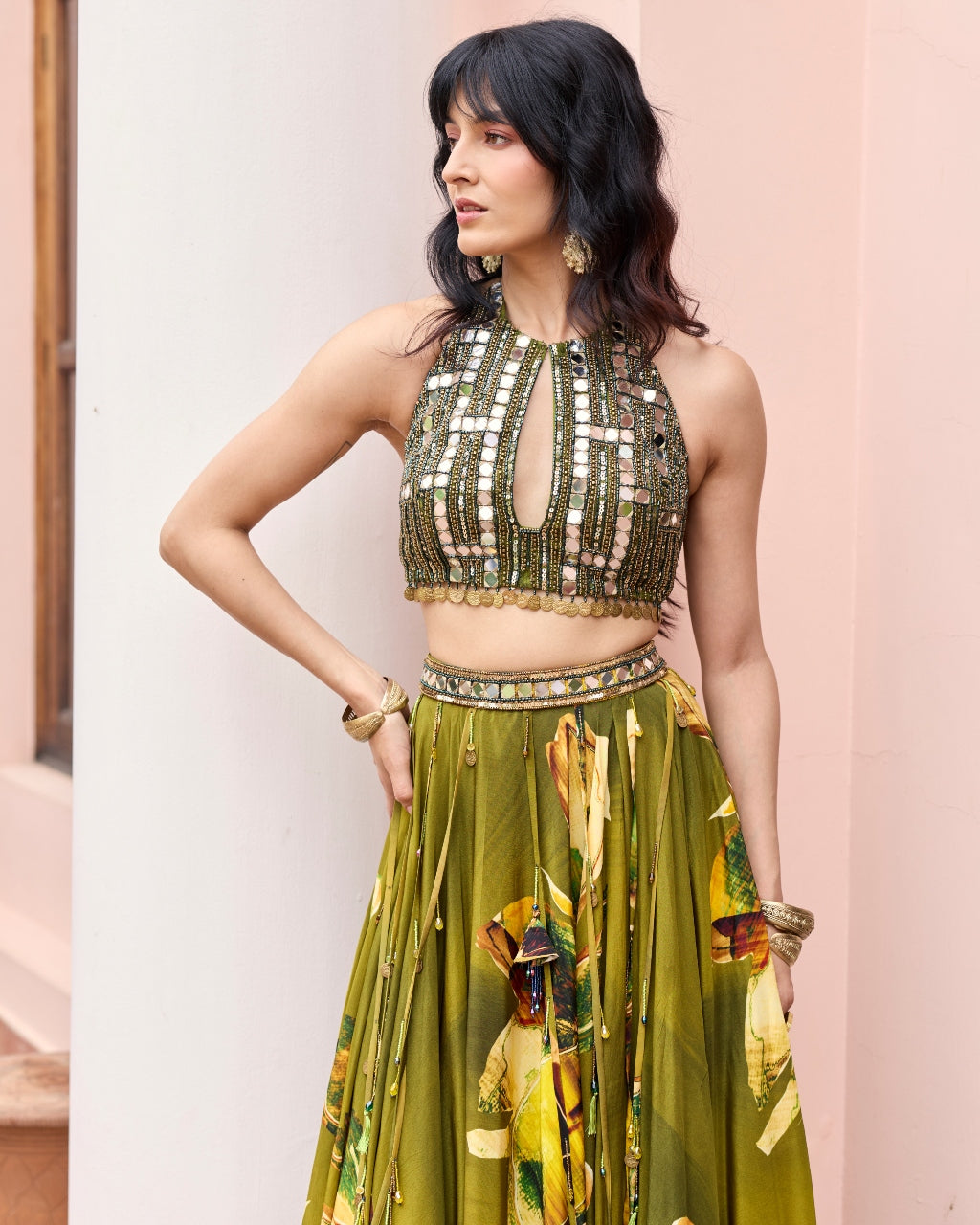 Matcha Green Floral Tasseled Lehenga Set