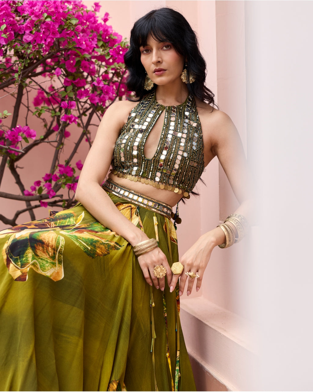 Matcha Green Floral Tasseled Lehenga Set