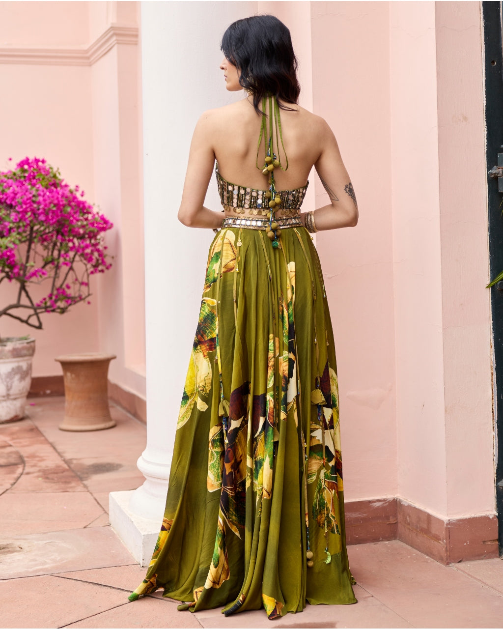Matcha Green Floral Tasseled Lehenga Set
