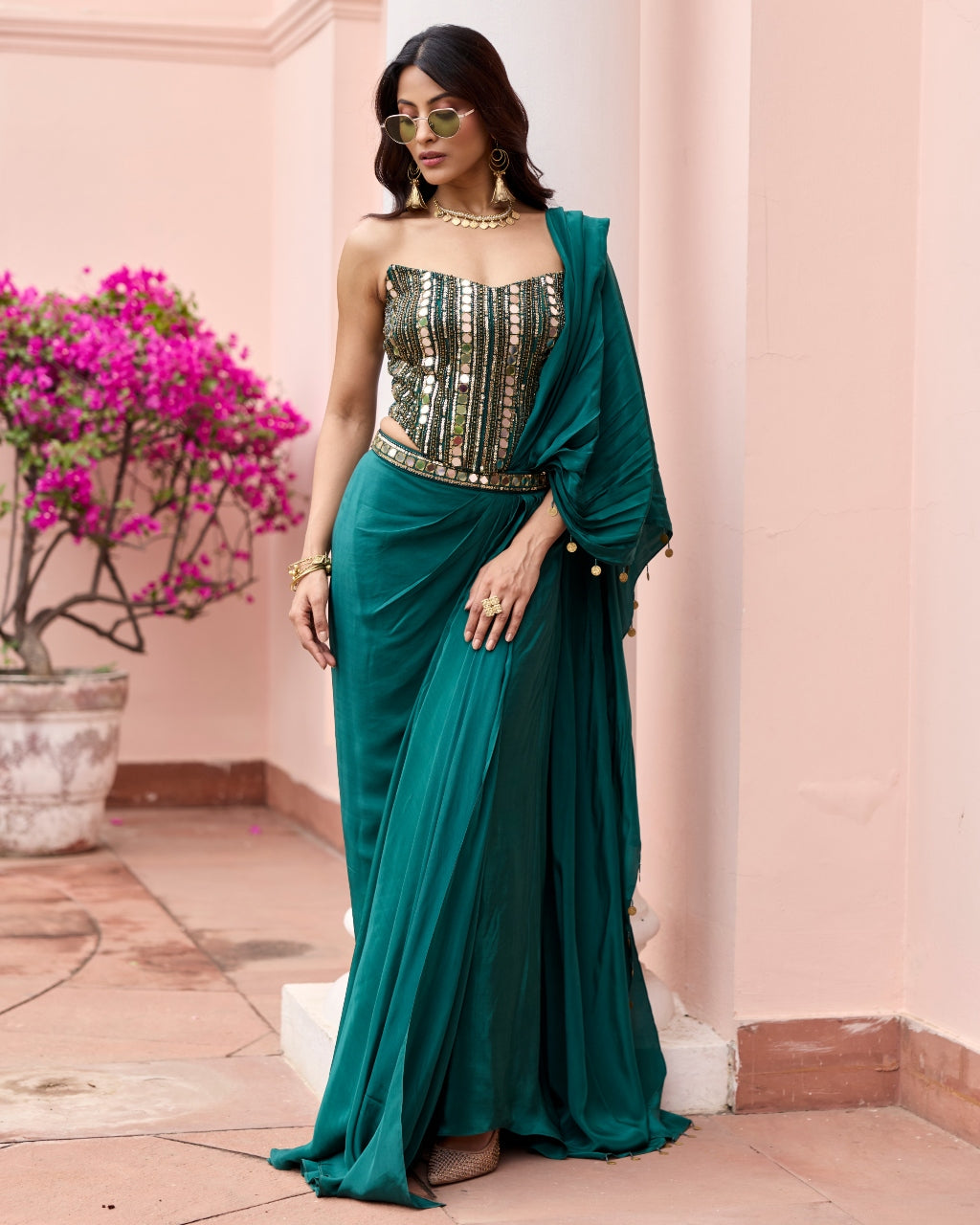 Bottle Green Embroidered Corset Sari Set