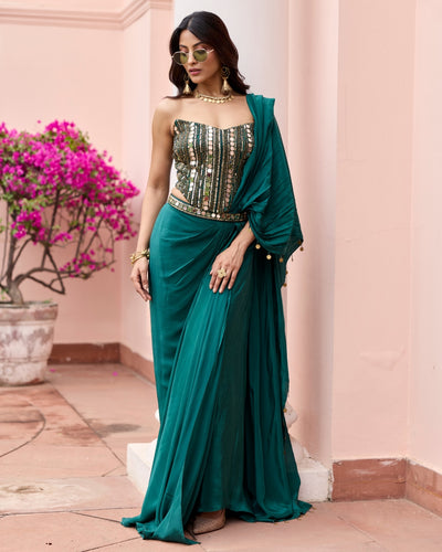 Bottle Green Embroidered Corset Sari Set