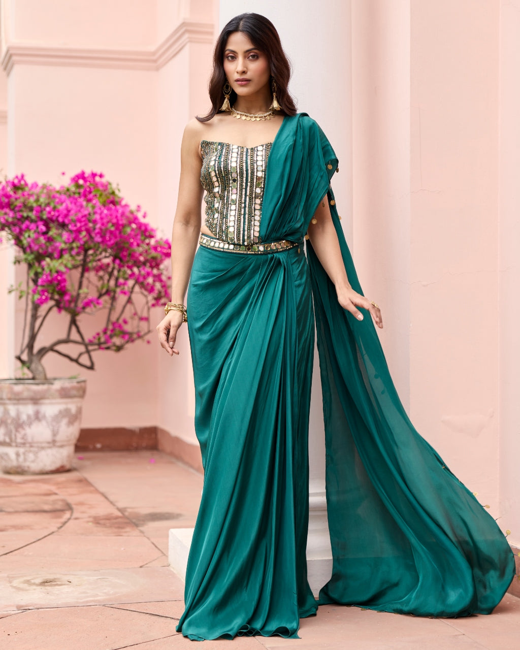 Bottle Green Embroidered Corset Sari Set