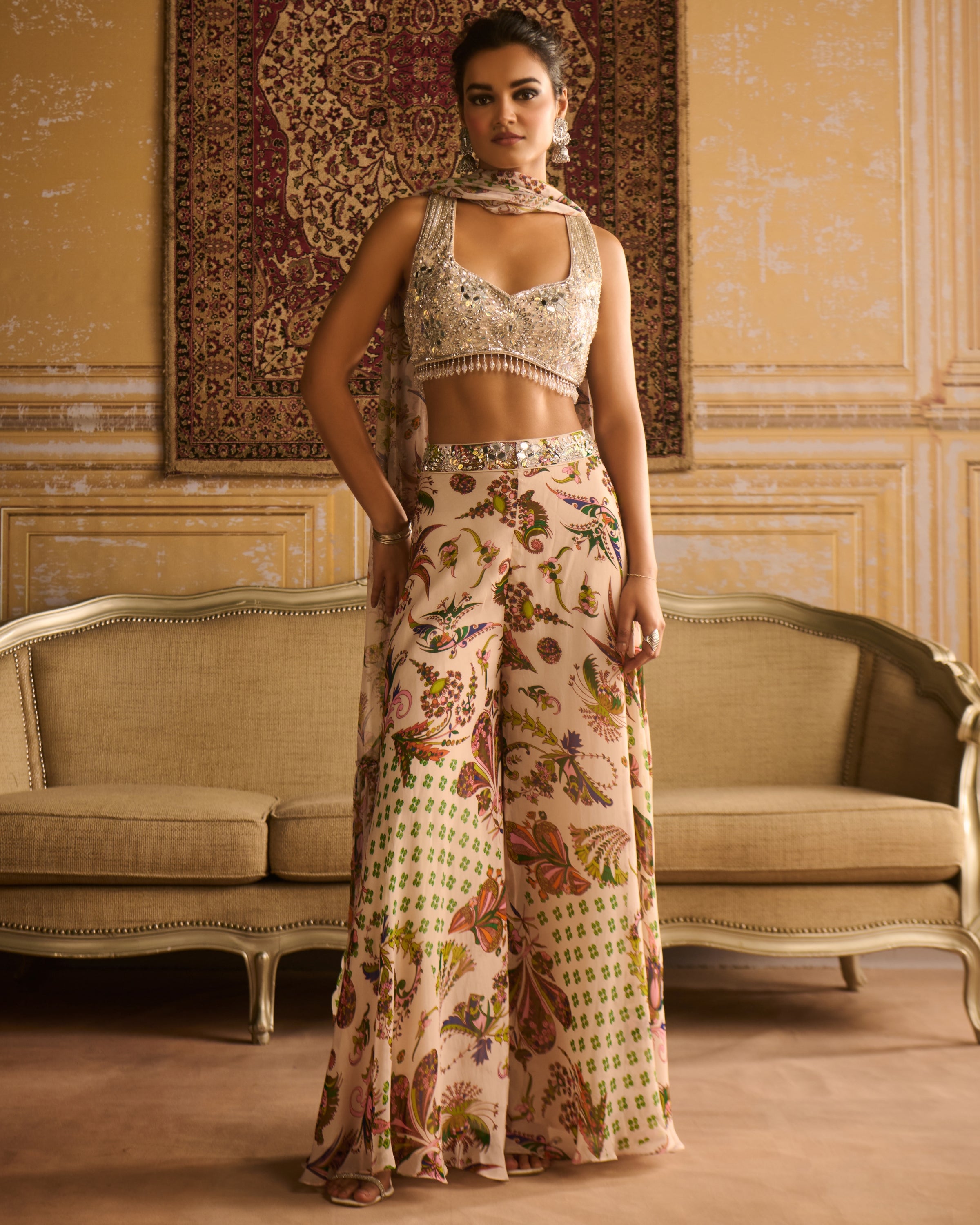 Green Print & Embroidered Sharara Set