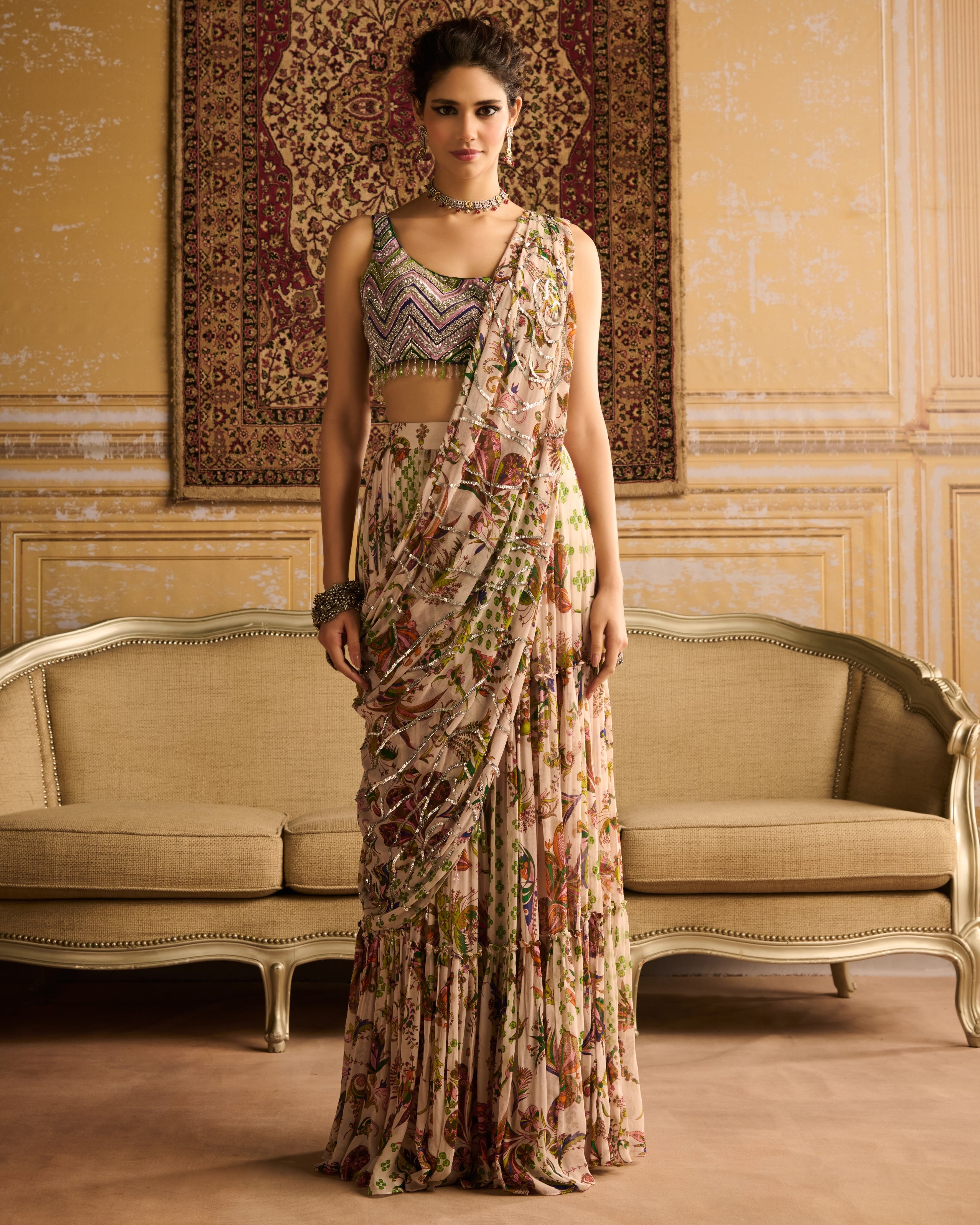 Green Print & Embroidered Skirt Sari Set