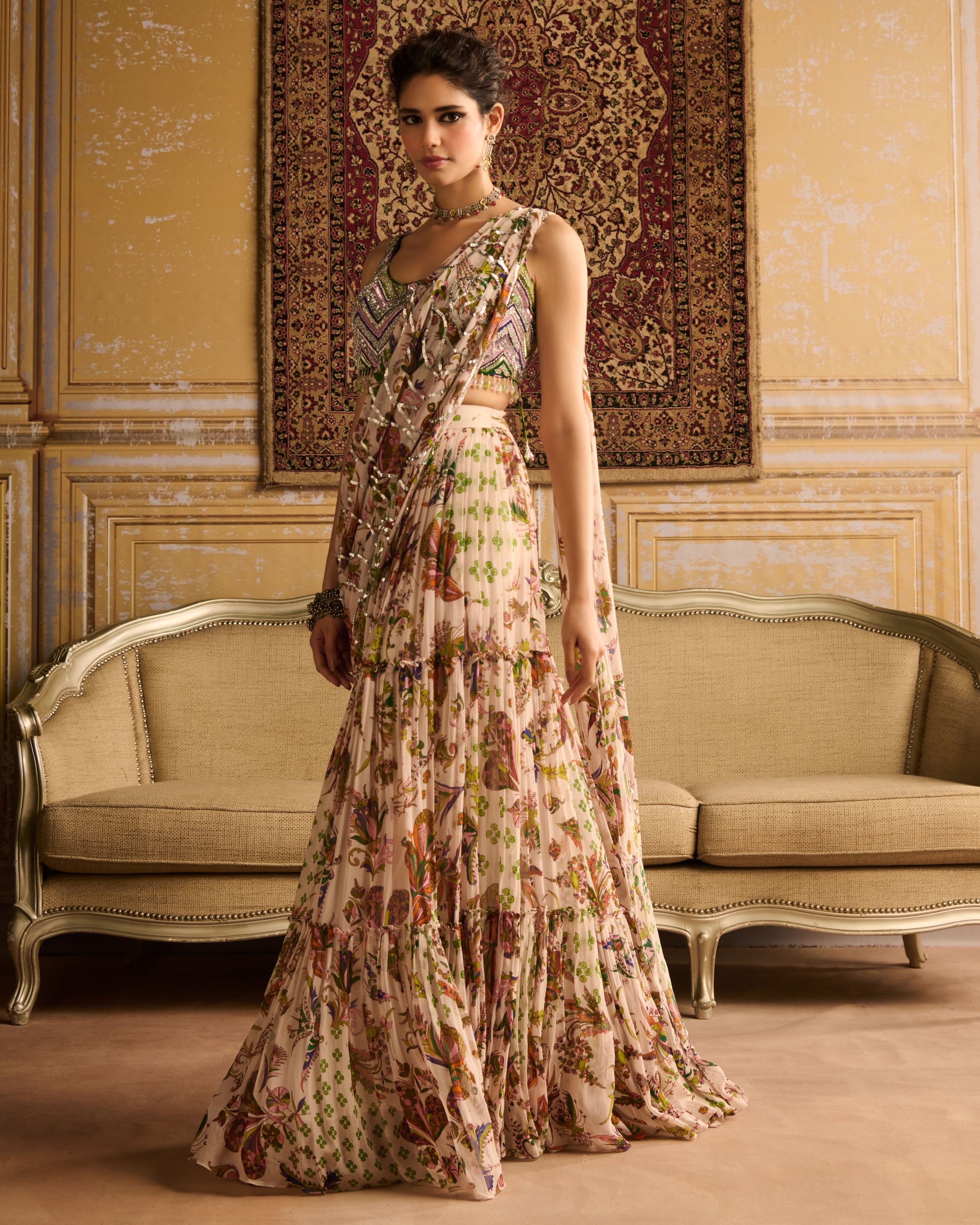 Green Print & Embroidered Skirt Sari Set