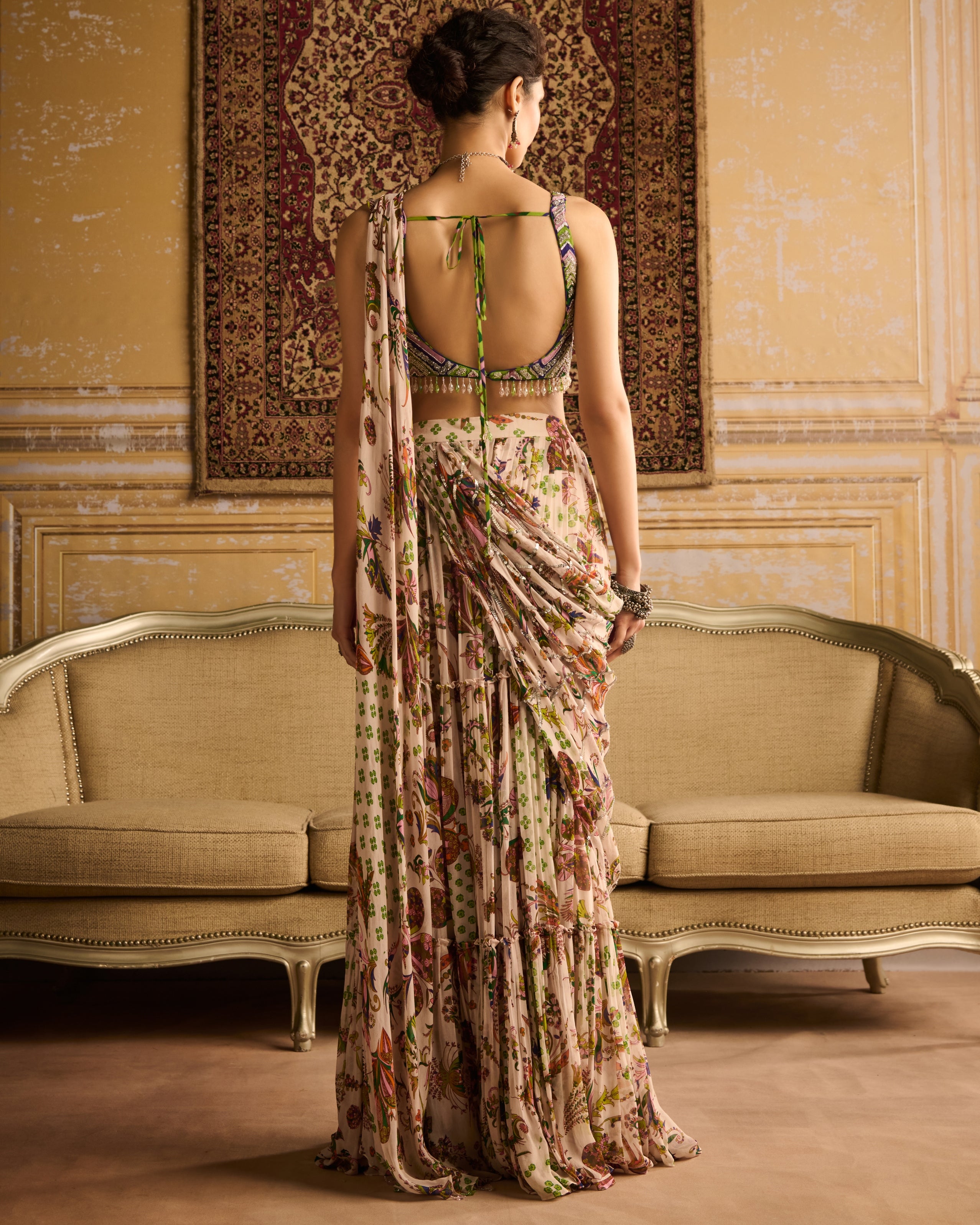 Green Print & Embroidered Skirt Sari Set