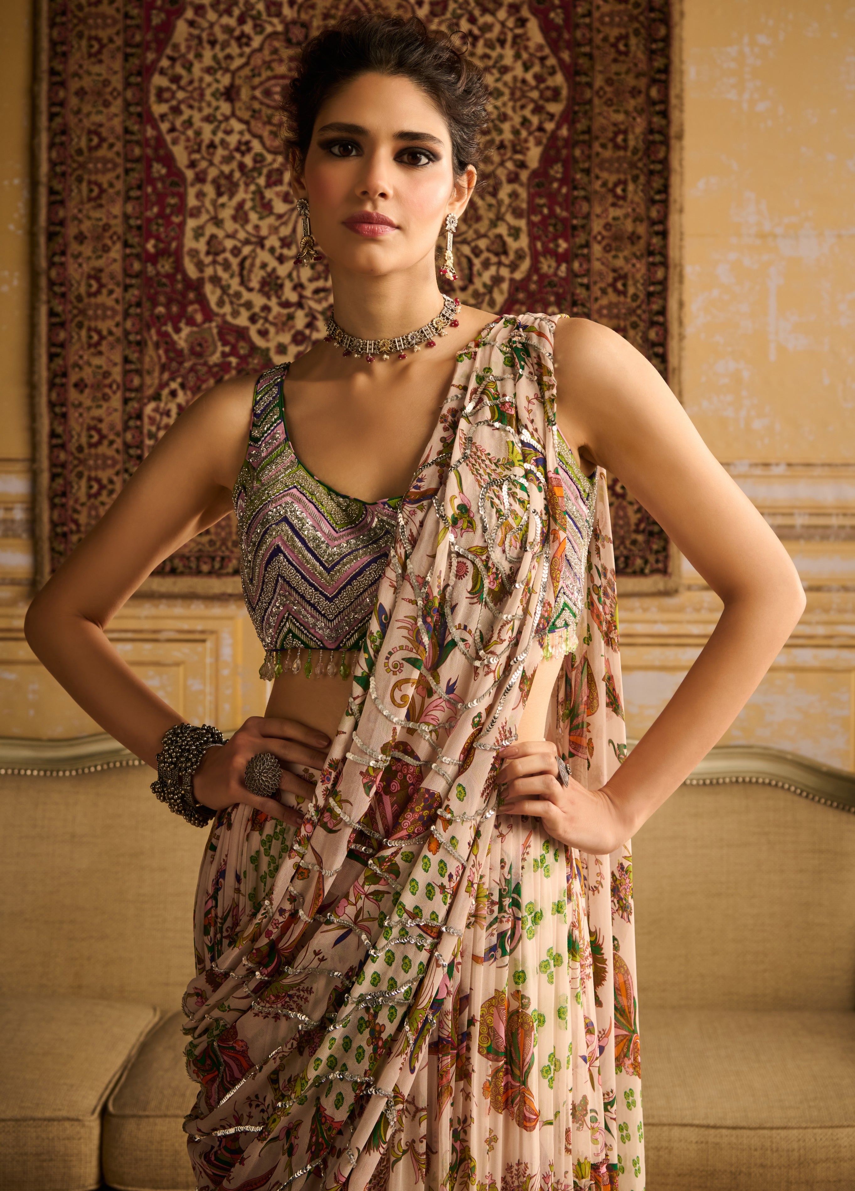 Green Print & Embroidered Skirt Sari Set