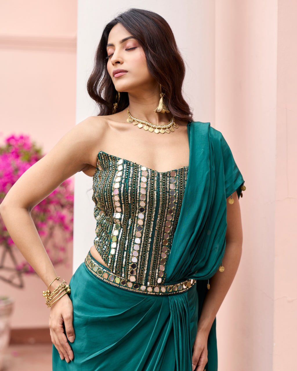 Bottle Green Embroidered Corset Sari Set