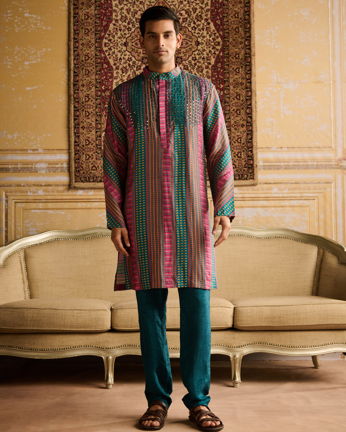 Teal Fuchsia Stripe Print & Embellished Kurta With Solid Teal Pants