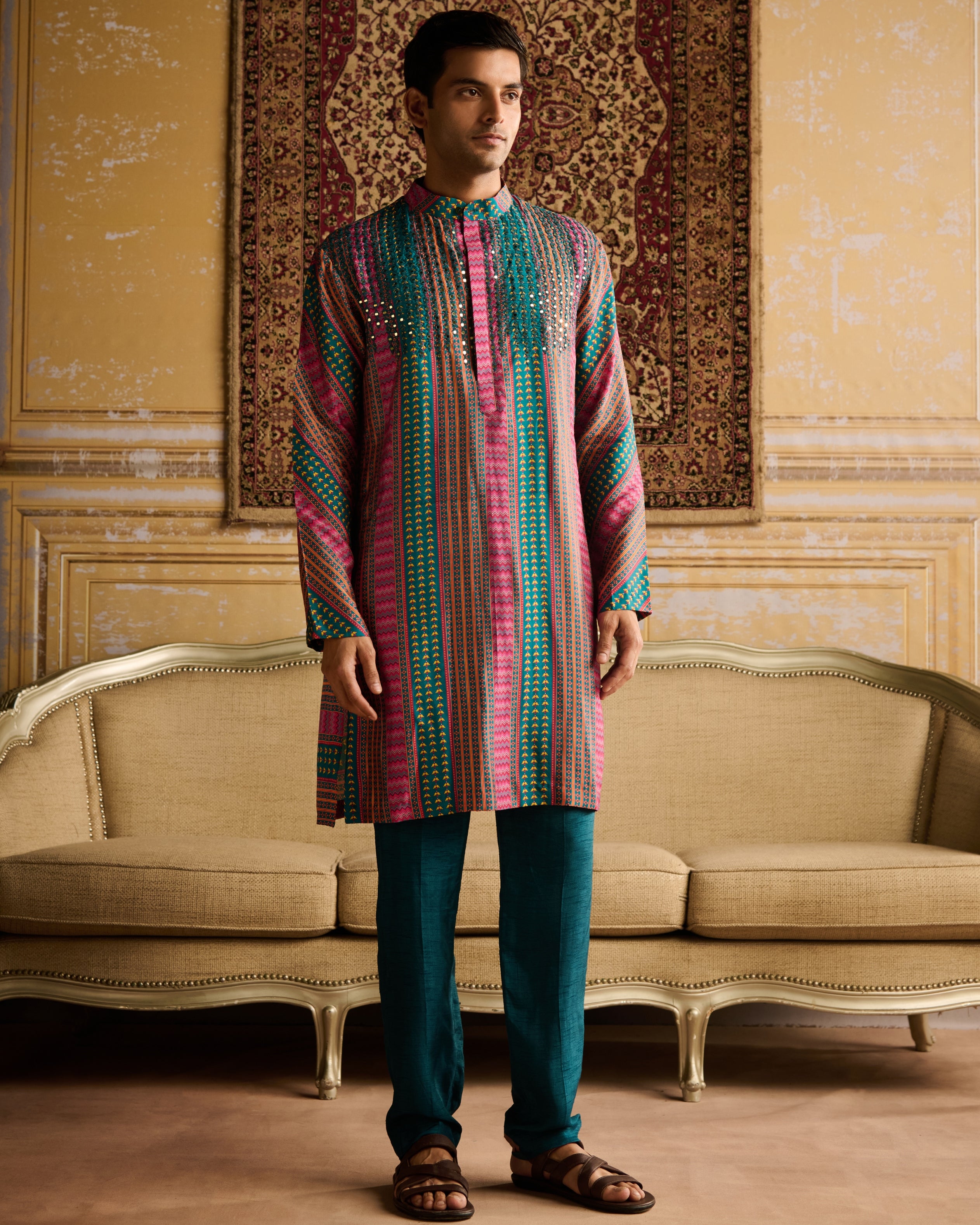 Teal Fuchsia Stripe Print & Embellished Kurta With Solid Teal Pants