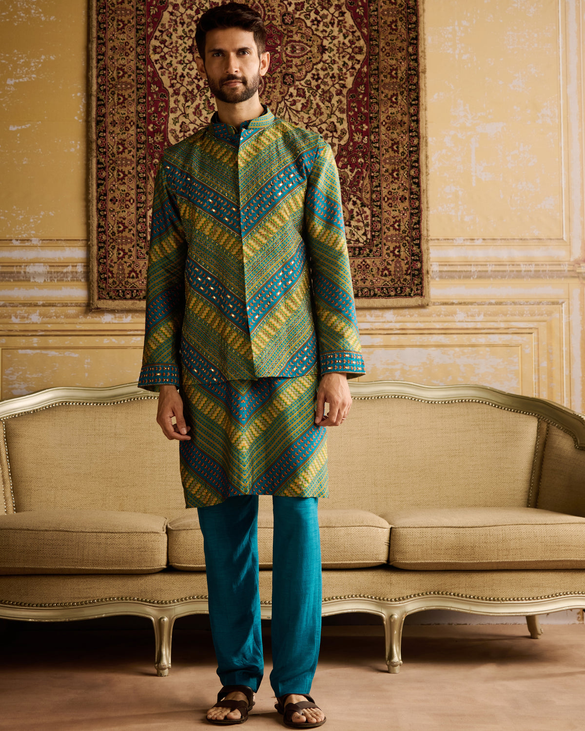 Teal Chevron Print & Embellished Kurta With Solid Teal Pants