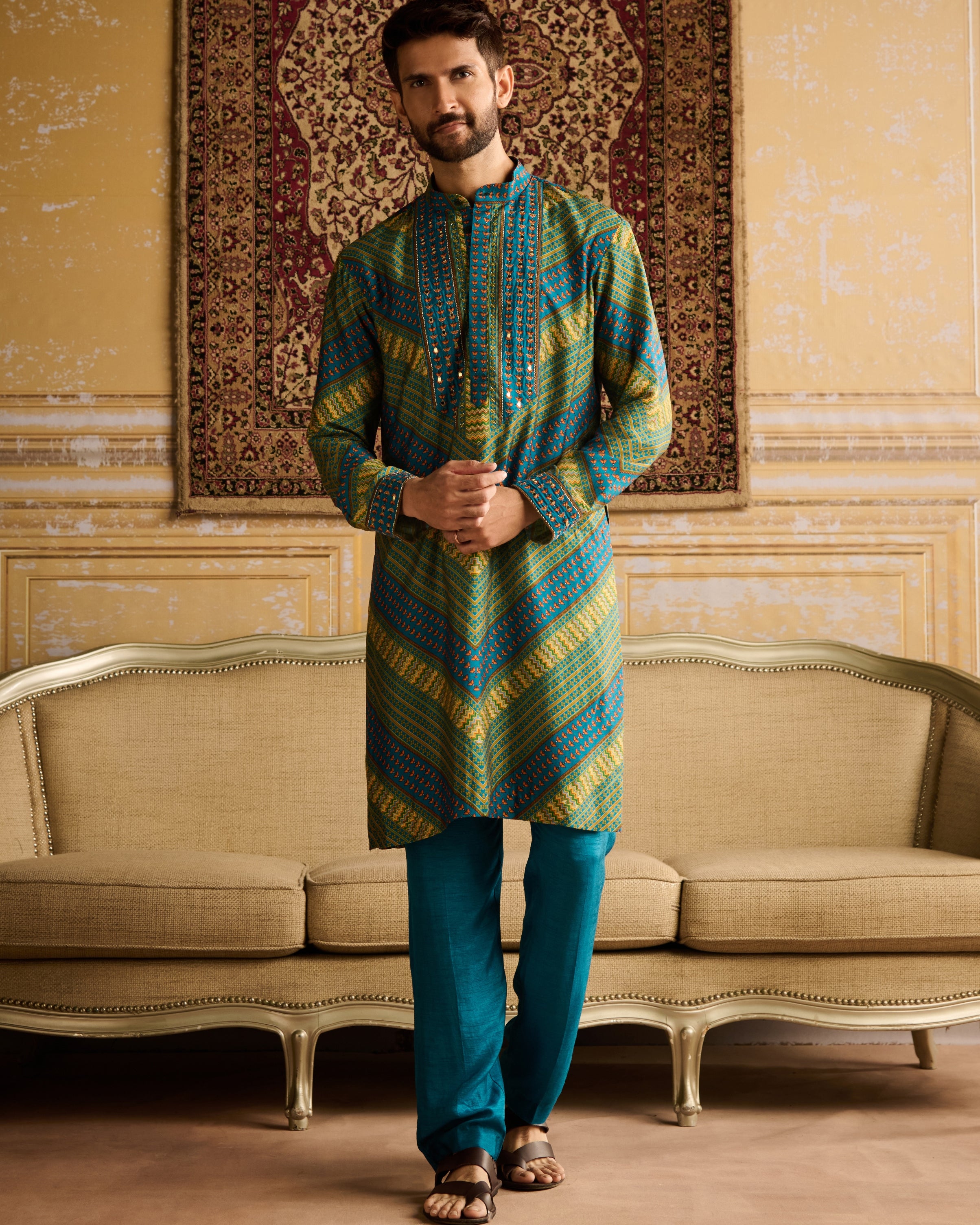 Teal Chevron Print & Embellished Kurta With Solid Teal Pants