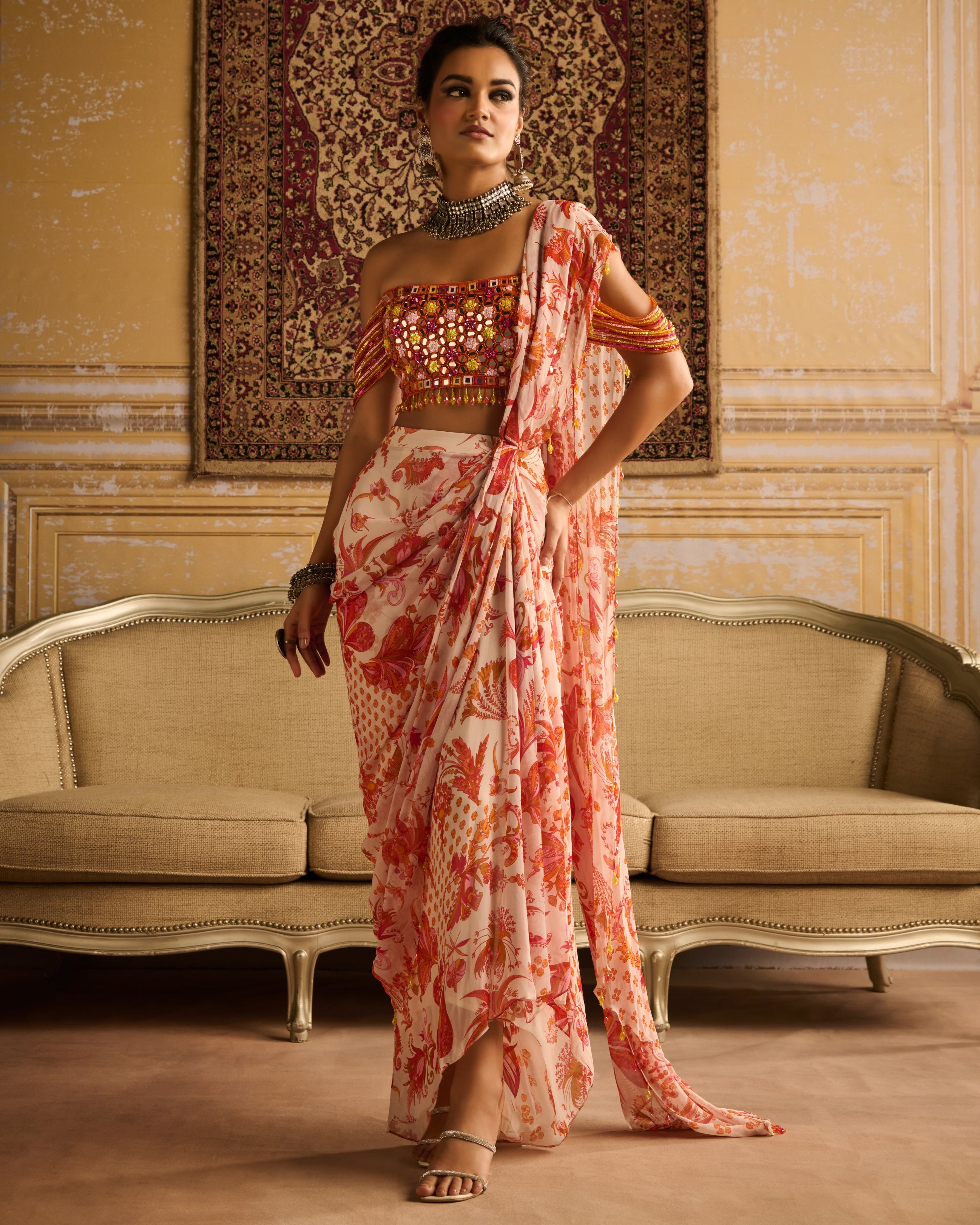 Mirror Embroidered Blouse And Orange Skirt Sari Set