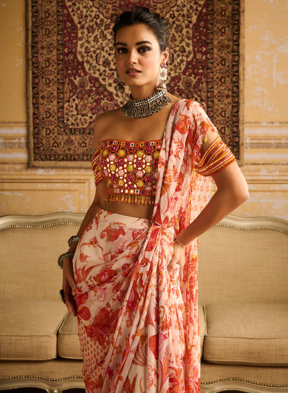 Mirror Embroidered Blouse And Orange Skirt Sari Set