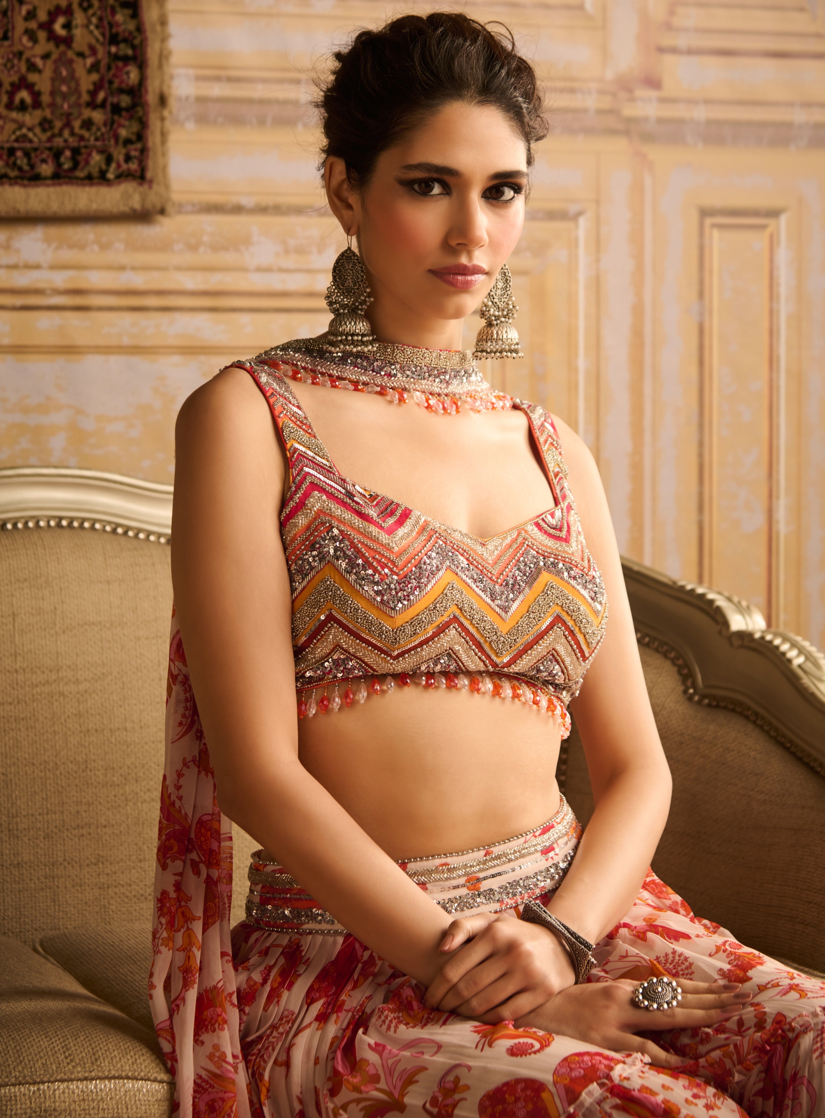 Orange Zig-Zag Print & Embroidered Blouse And Sharara Set