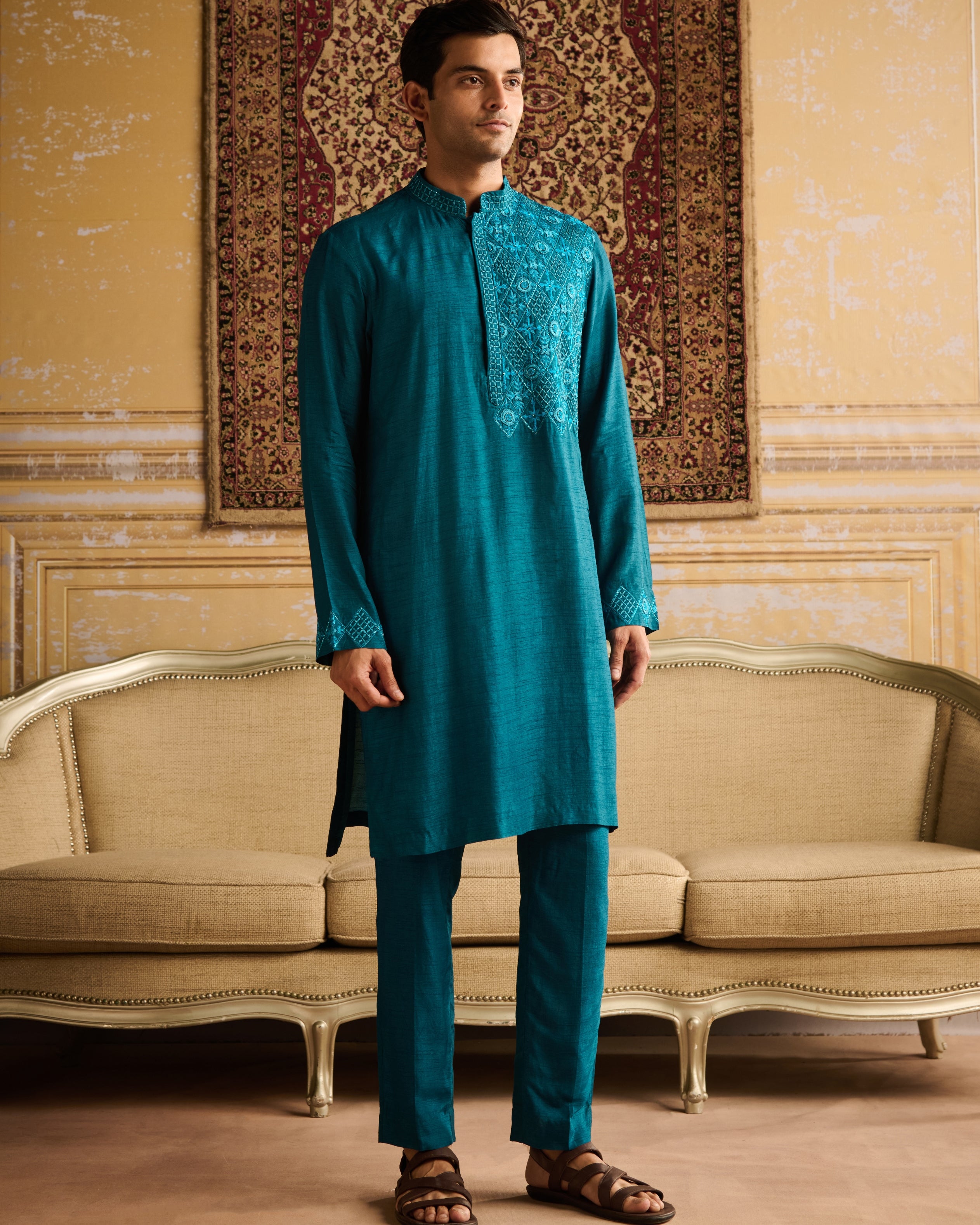 Teal Floral & Geometric Embroidered Kurta With Teal Pants