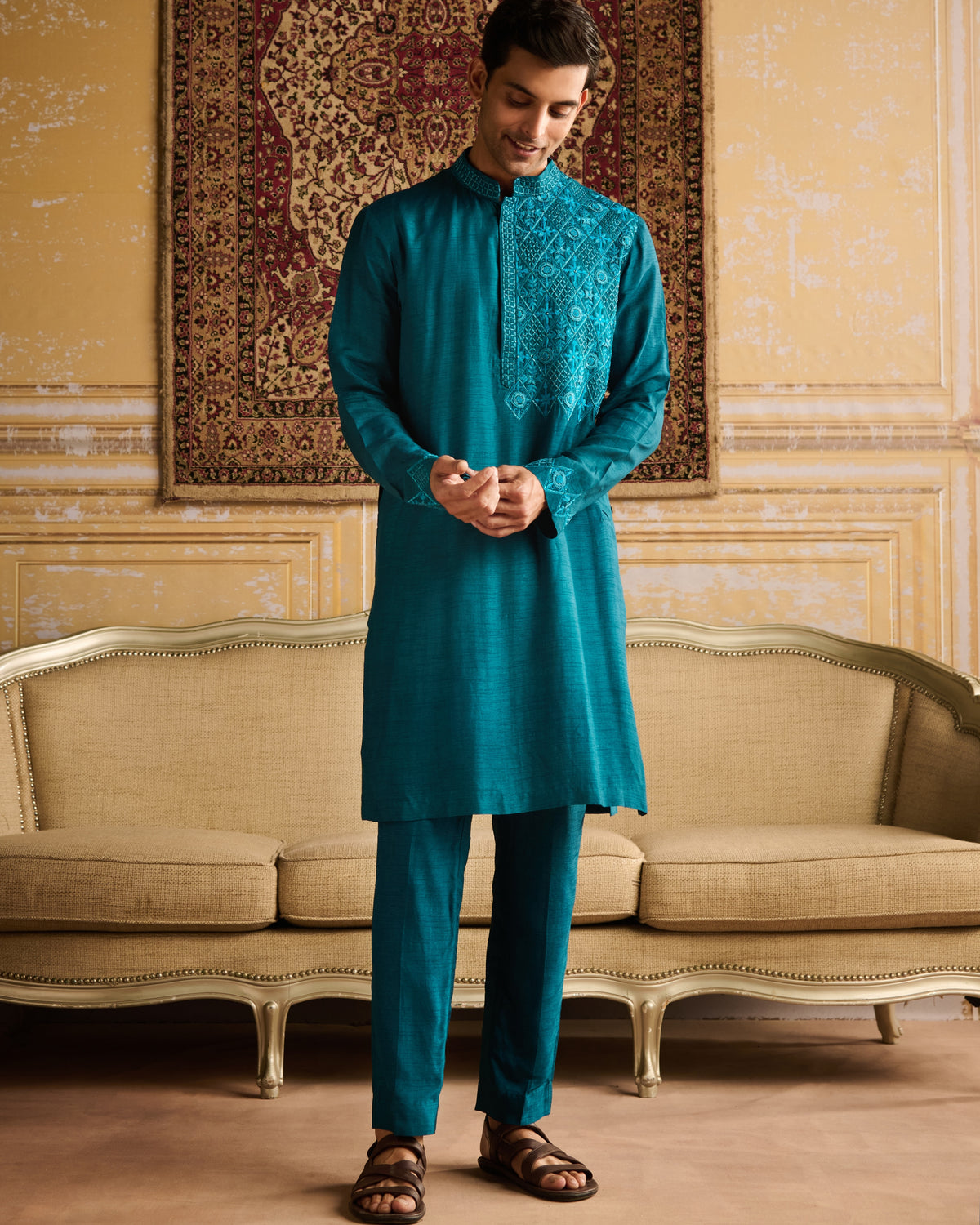 Teal Floral & Geometric Embroidered Kurta With Teal Pants