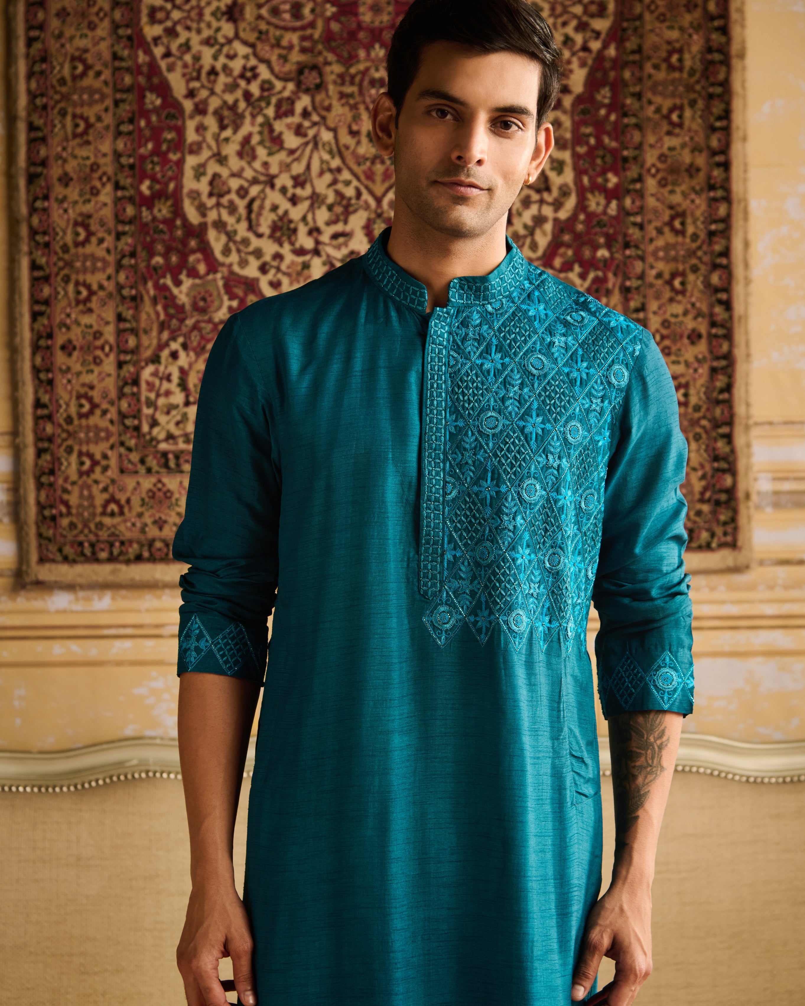 Teal Floral & Geometric Embroidered Kurta With Teal Pants