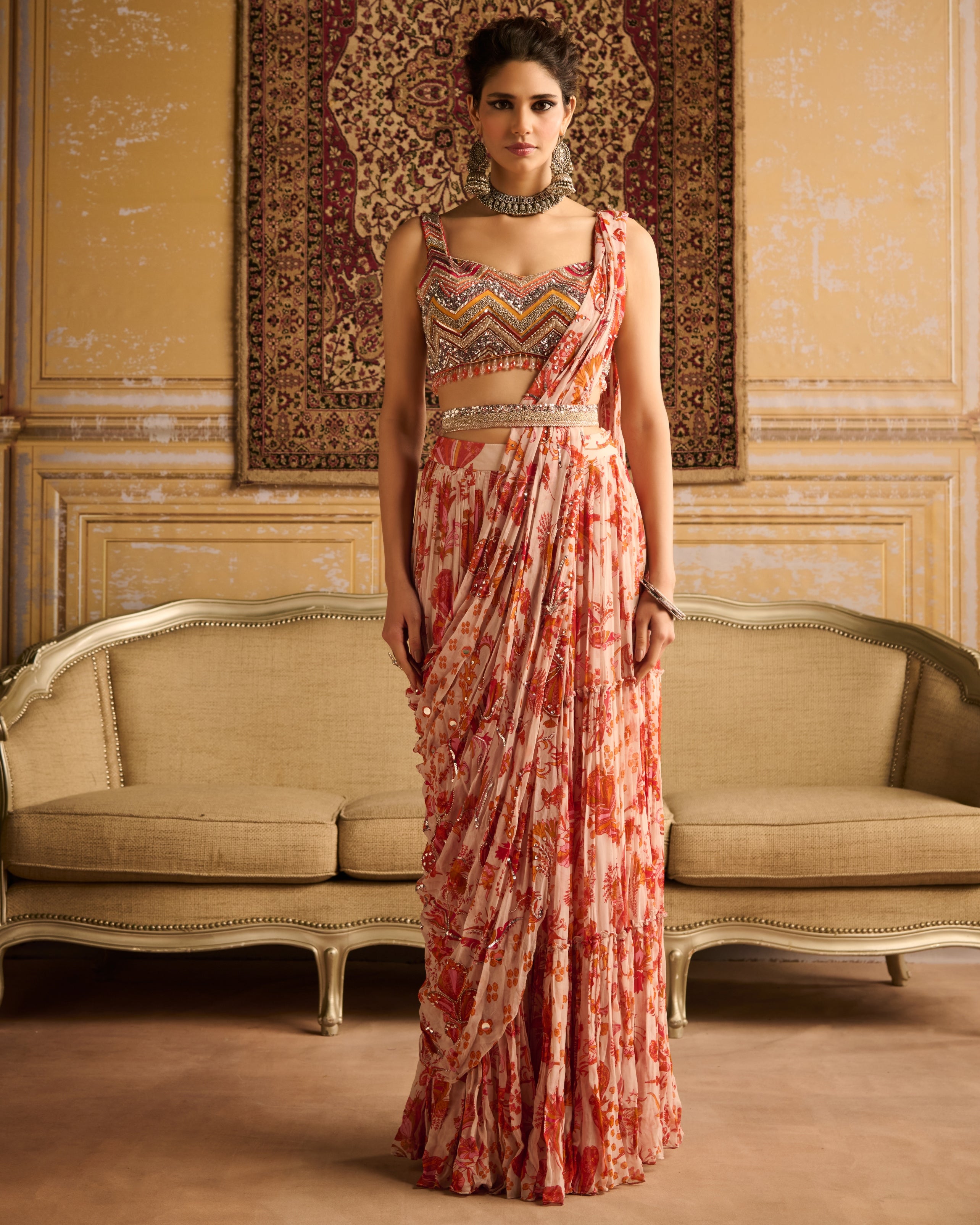 Orange Print Pre-Draped Sari Set