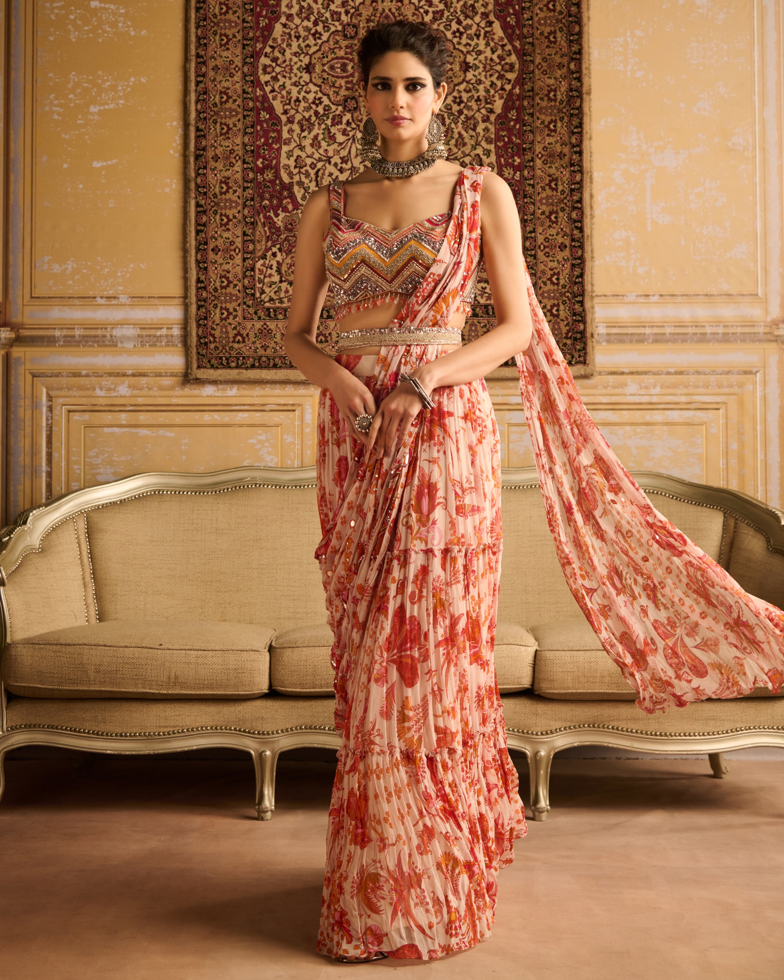 Orange Print Pre-Draped Sari Set