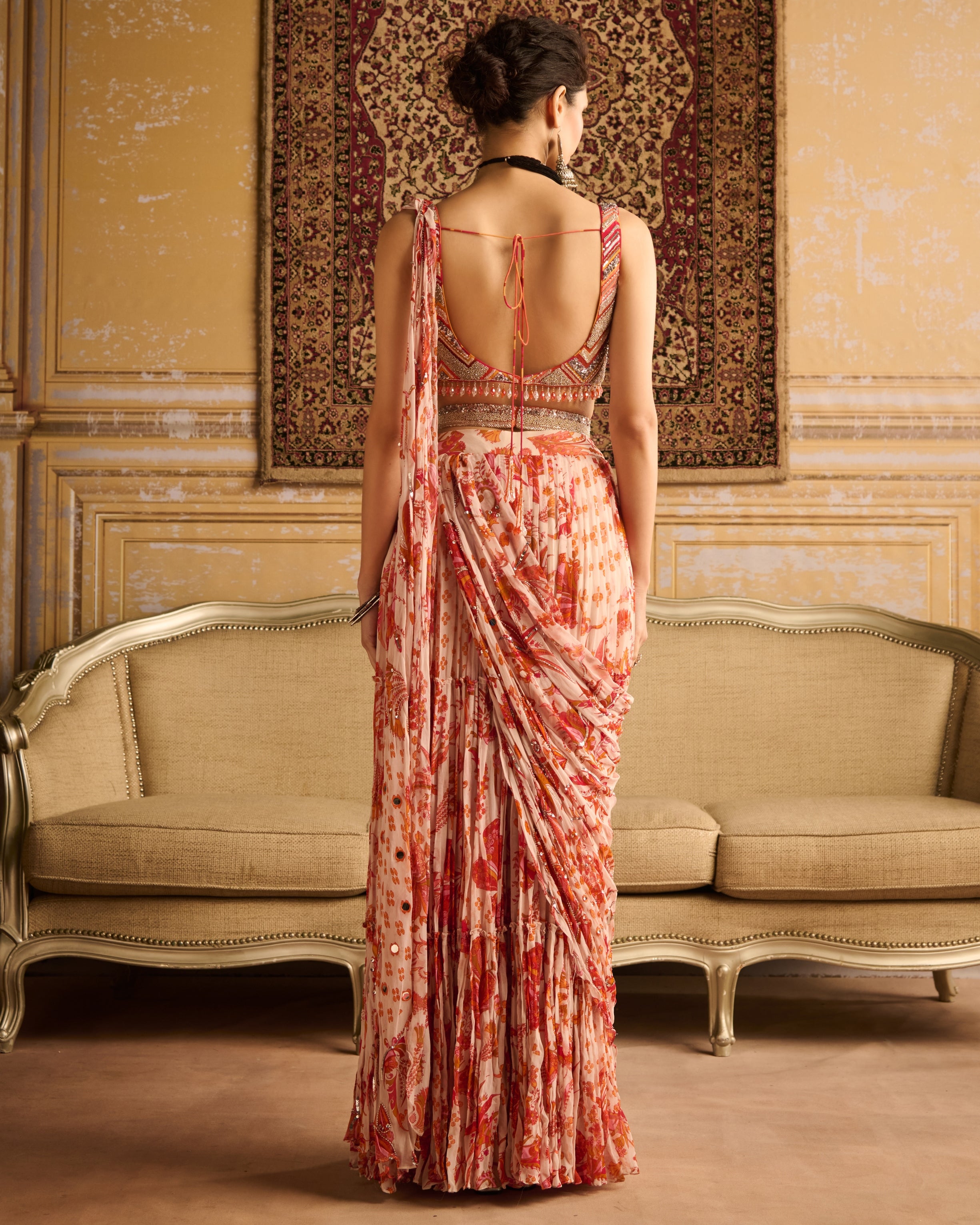 Orange Print Pre-Draped Sari Set