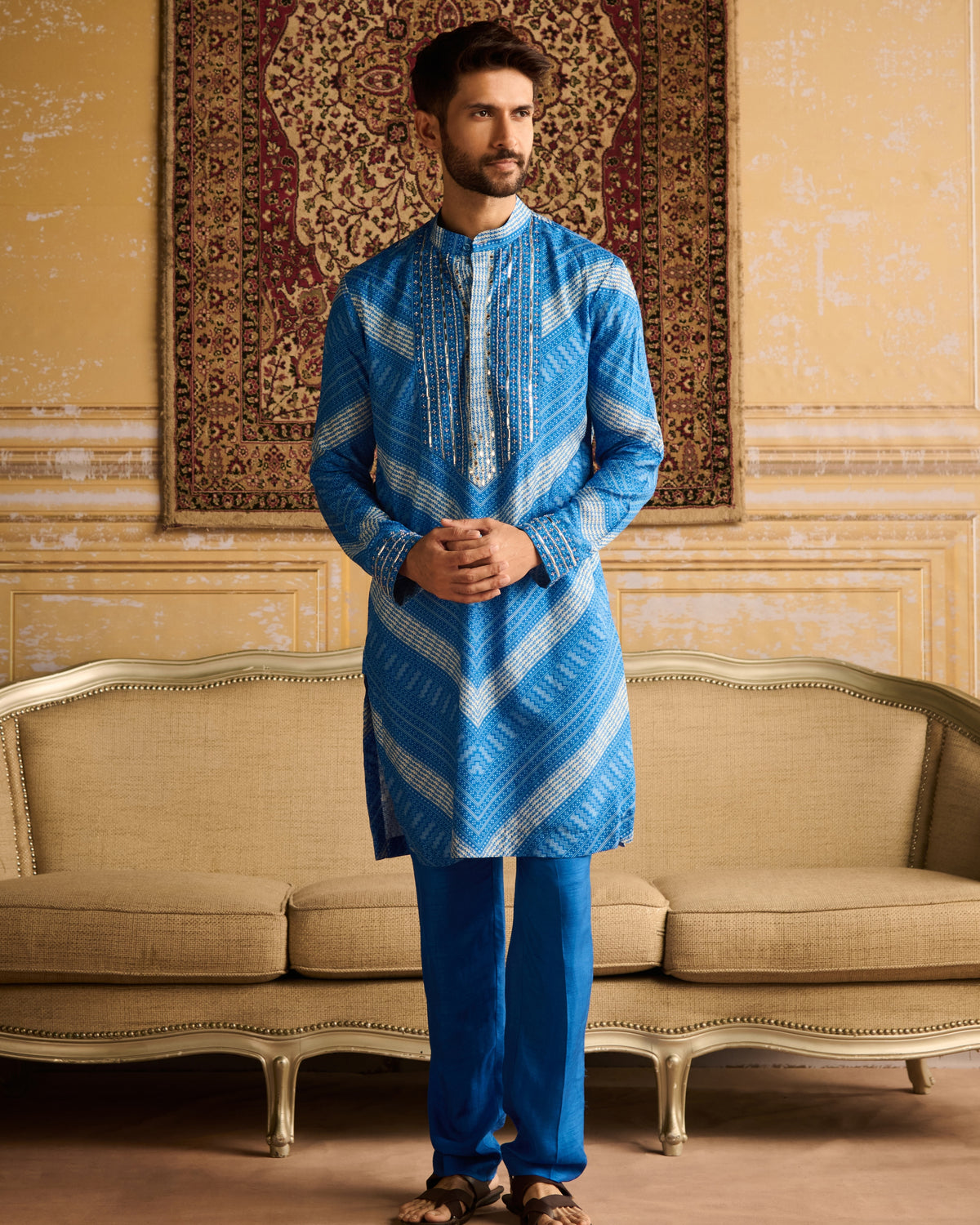 Blue Chevron Print & Embellished Kurta With Solid Blue Pants