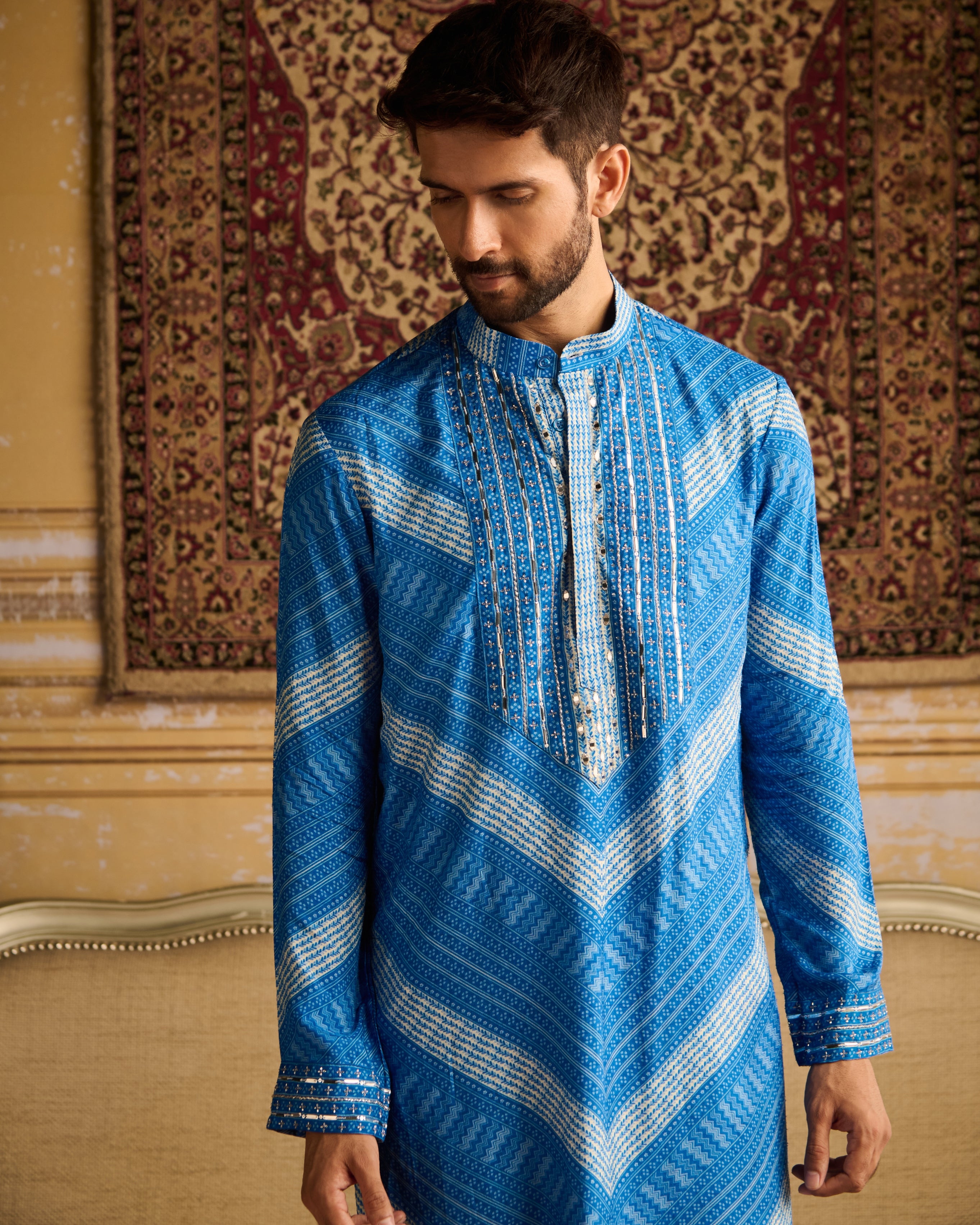 Blue Chevron Print & Embellished Kurta With Solid Blue Pants