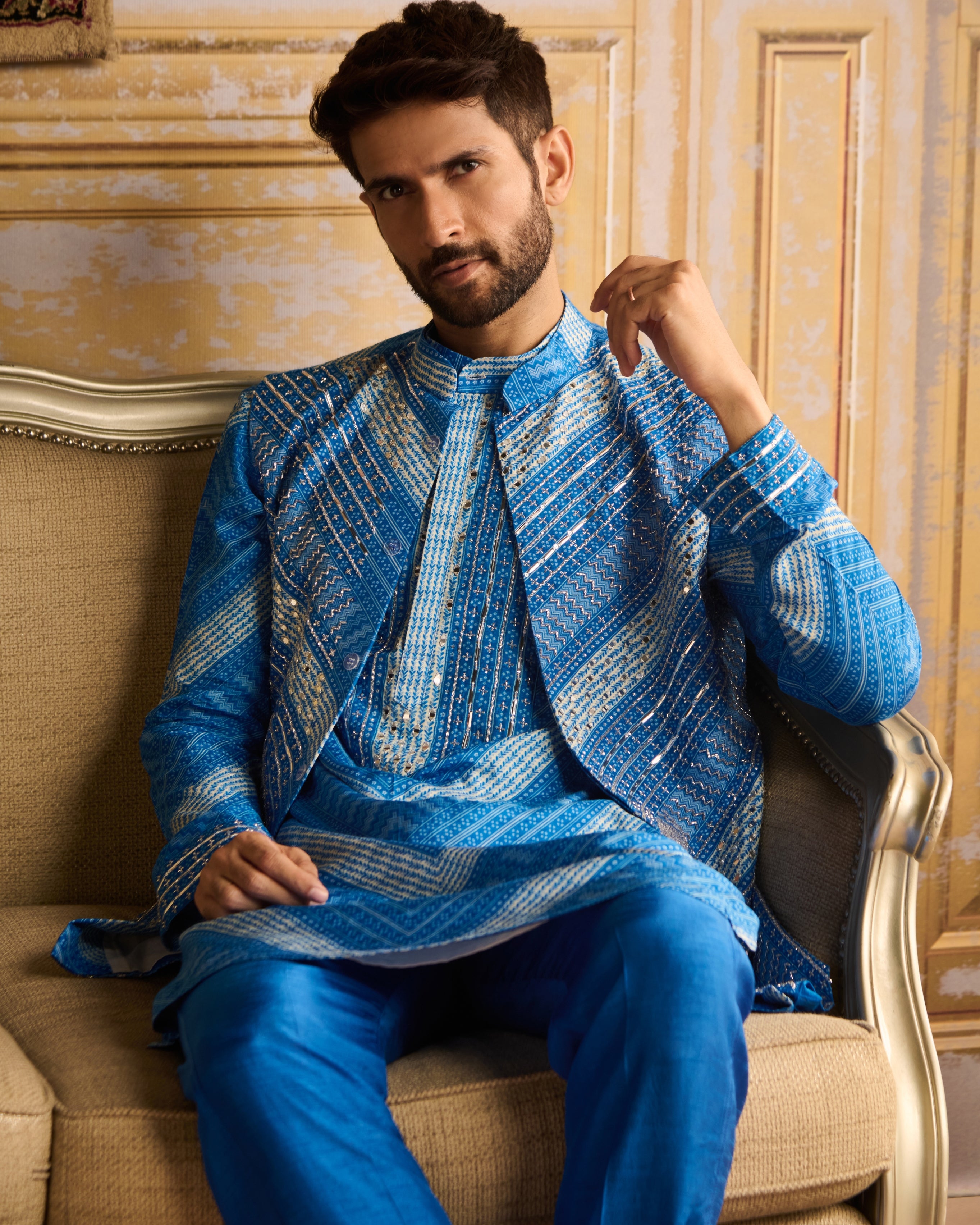 Blue Chevron Print & Embellished Kurta With Solid Blue Pants